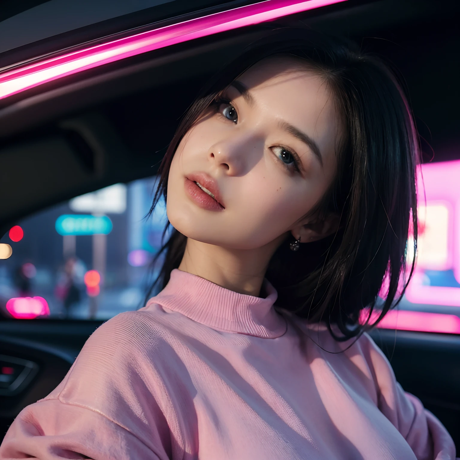 High angle photo of gorgeous young woman in cyberpunk style, Realistic skin texture, head looking up,Pink sweatshirt,Pose in the car, 1 / 2 Body cropping, 8 5mm art lens, f 1. 2, Sharp focus, 8 k high definition, insanely details, Intricate, elegant, Artwork by Stanley Lau and cyberpunk