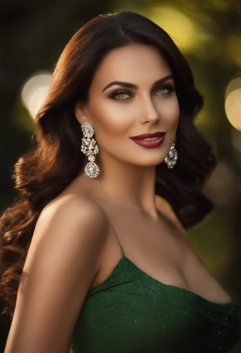 "A captivating woman with alluring charm, striking green eyes, and a mesmerizing smile, reminiscent of a modern-day Hollywood starlet. She's the embodiment of elegance and allure, effortlessly capturing attention with her enchanting gaze and confident posture, as if she's stepping straight out of a glamorous movie scene. Her confidence and poise make her the center of attention at any social event, be it a sophisticated gala or a lively nightclub. Her charisma and grace are simply unforgettable."