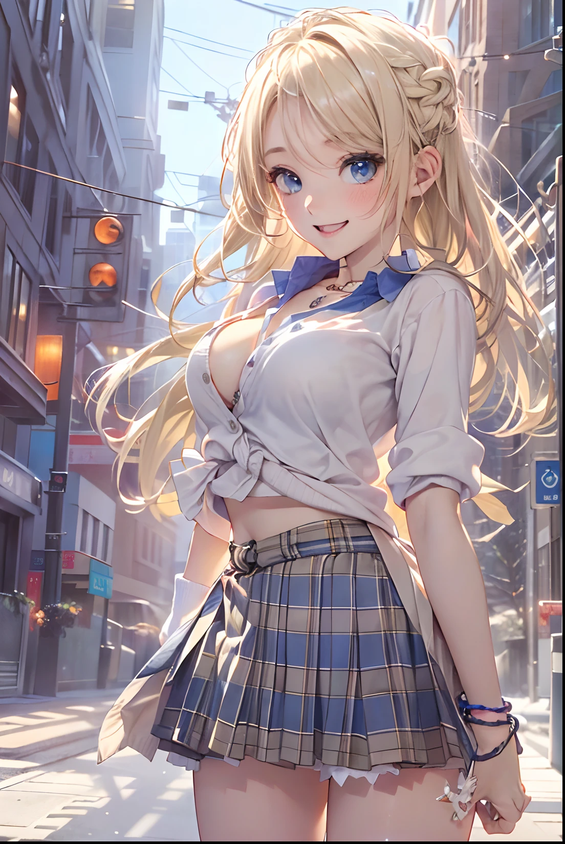 absurderes, ultra-detailliert,bright colour,(in 8K:1.3),masuter piece,extremely beautiful detailed face and eyes,(School Uniforms:1.2), (gals:1.2), (White shirt:1.3), (Wrap a beige cardigan around your waist:1.3), ((cleavage, Unbuttoned):1.2), (Plaid pleated skirt:1.2), (Necklace,Colorful bracelets,(Loose socks:1.4),city light,Particles of light,natta, outside of house,Power lines, shooting stars,Skyscraper, 独奏,Winters、(Smooth straight blonde hair:1.3), (Shiny hair:1.2), Delicate beautiful face, red blush、Deep Blue Eyes, (Happy smiling face:1.2),Put your hands on your hips
