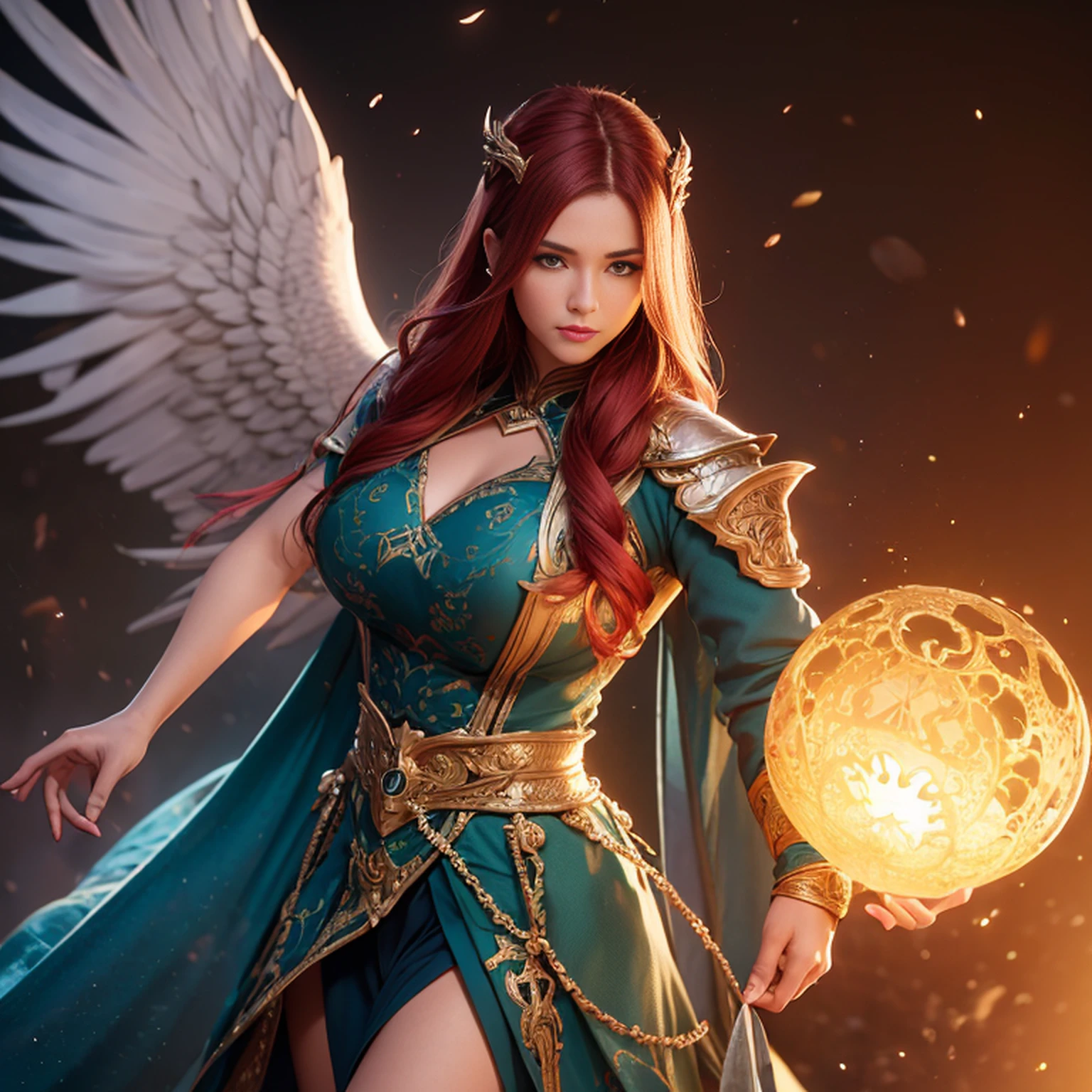 8k, ultra detalhado, master part, melhor qualidade, (extremamente detalhado), Arafed, arte dnd, scenic view, corpo inteiro, Aasimar sorceress casting a flaming spell, Aasimar, female, (Obra-prima 1.3, Detalhes intensos), female, feiticeira, Casting Flaming Spell (Obra-prima 1.3, Detalhes intensos) grandes asas angelicais, Open Blue Angelic Wings (Obra-prima 1.3, Detalhes intensos), magical fantasy background (Obra-prima 1.5, Detalhes intensos), lua, Estrelas, nuvem, vestindo manto verde,, Capa verde escura, flowing robe (Obra-prima 1.3, Detalhes intensos), Botas de salto alto (Obra-prima 1.3, Detalhes intensos), armado com pessoal, red hair, olhos verdes, olhos intensos, Feminino, Face Ultra Detalhada, (Obra-prima 1.5, melhor qualidade), anatomicamente correto (Obra-prima 1.3, Detalhes intensos), face determinada, Luz Divina, Cinematic lighting, luz suave, silhueta, fotorrealismo, scenic view (Obra-prima 1.3, Detalhes intensos) , Wide-Angle, Ultra-Grande Angular, 8k, Altas, melhor qualidade, Detalhes altos @Vlademir Bernardes