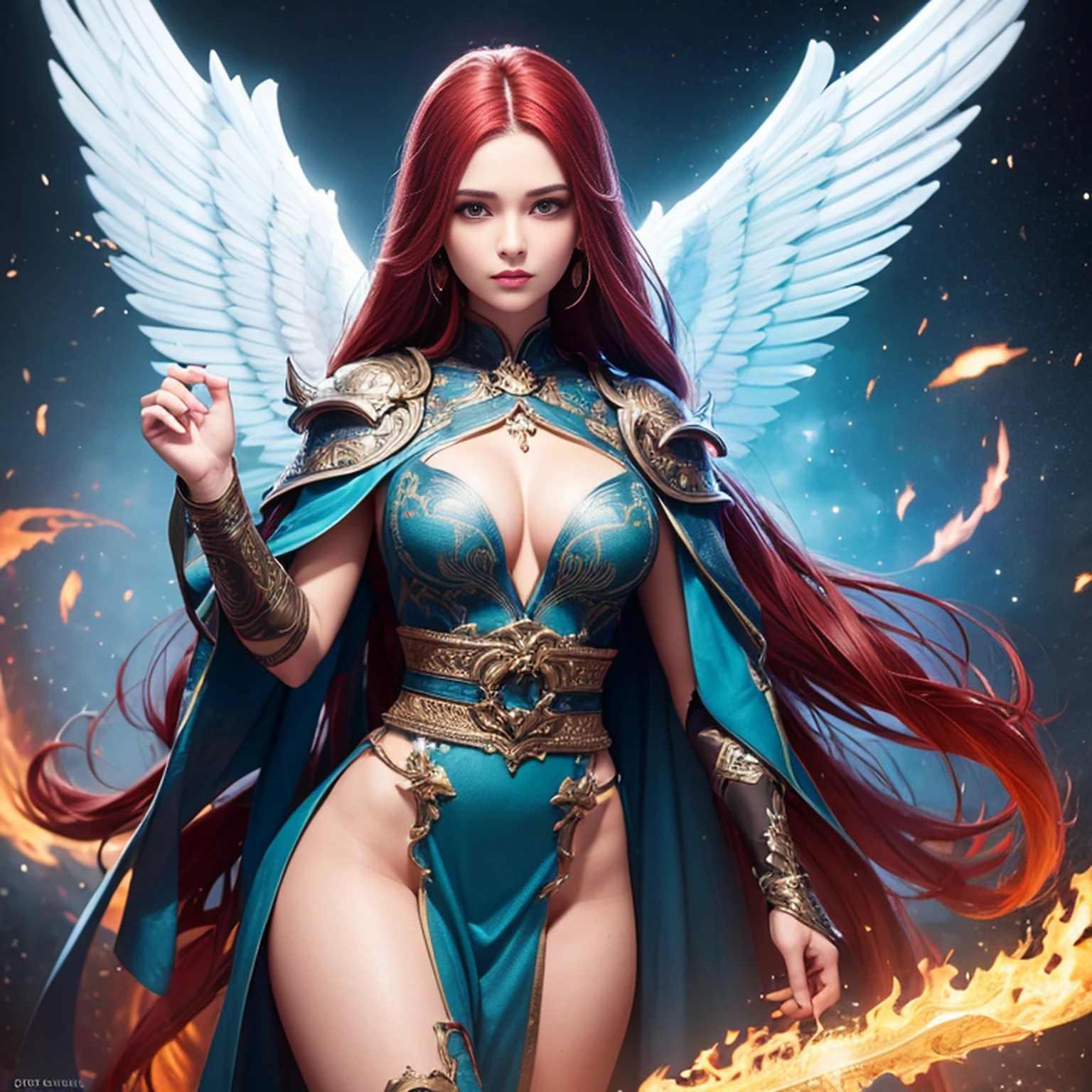 8k, ultra detalhado, master part, melhor qualidade, (extremamente detalhado), Arafed, arte dnd, scenic view, corpo inteiro, Aasimar sorceress casting a flaming spell, Aasimar, female, (Obra-prima 1.3, Detalhes intensos), female, feiticeira, Casting Flaming Spell (Obra-prima 1.3, Detalhes intensos) grandes asas angelicais, Open Blue Angelic Wings (Obra-prima 1.3, Detalhes intensos), magical fantasy background (Obra-prima 1.5, Detalhes intensos), lua, Estrelas, nuvem, vestindo manto verde,, Capa verde escura, flowing robe (Obra-prima 1.3, Detalhes intensos), Botas de salto alto (Obra-prima 1.3, Detalhes intensos), armado com pessoal, red hair, olhos verdes, olhos intensos, Feminino, Face Ultra Detalhada, (Obra-prima 1.5, melhor qualidade), anatomicamente correto (Obra-prima 1.3, Detalhes intensos), face determinada, Luz Divina, Cinematic lighting, luz suave, silhueta, fotorrealismo, scenic view (Obra-prima 1.3, Detalhes intensos) , Wide-Angle, Ultra-Grande Angular, 8k, Altas, melhor qualidade, Detalhes altos @Vlademir Bernardes
