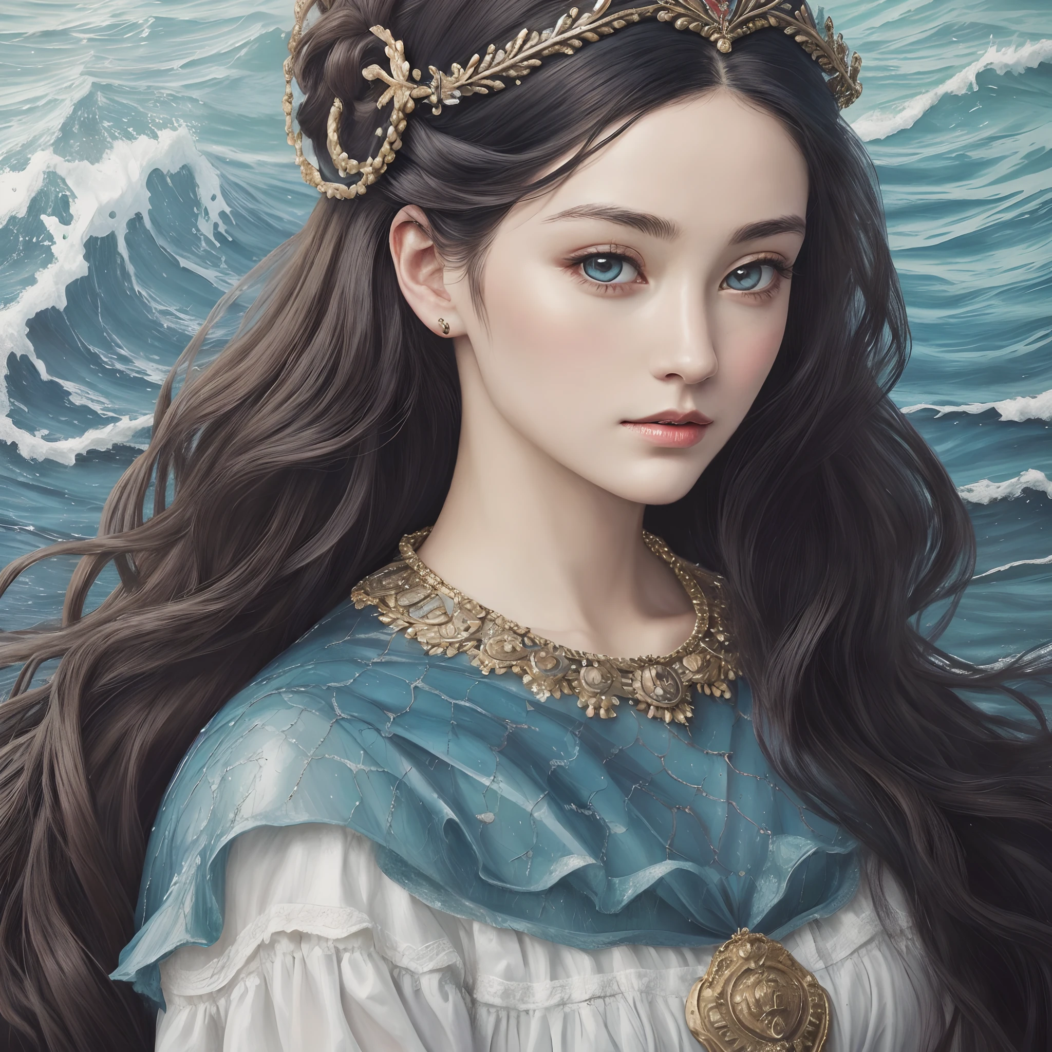 ( Absurd, High quality, Ultra-detailed, masutepiece, Concept art, Smooth, Highly detailed artwork, Hyper-Realistic Painting ) Details of face, Beautiful eyes, British historical style, Victoria, long wavy black hair, Beautiful face, Art is a masterpiece, mermaid, at sea