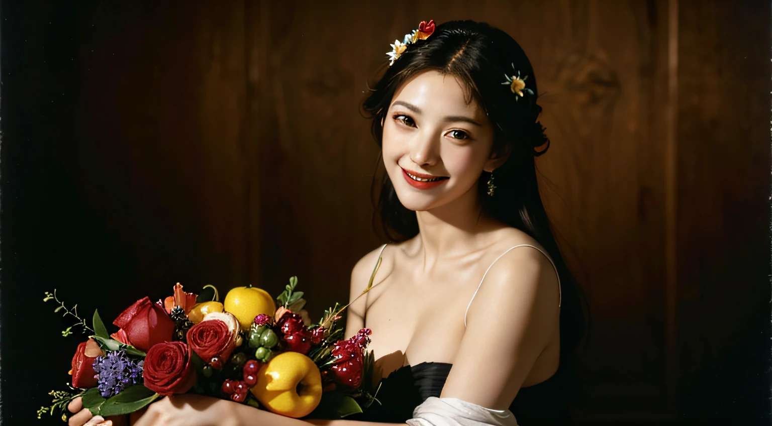 femele,Pure smile, Caravaggio paintings,florals,fruits,Big breasts