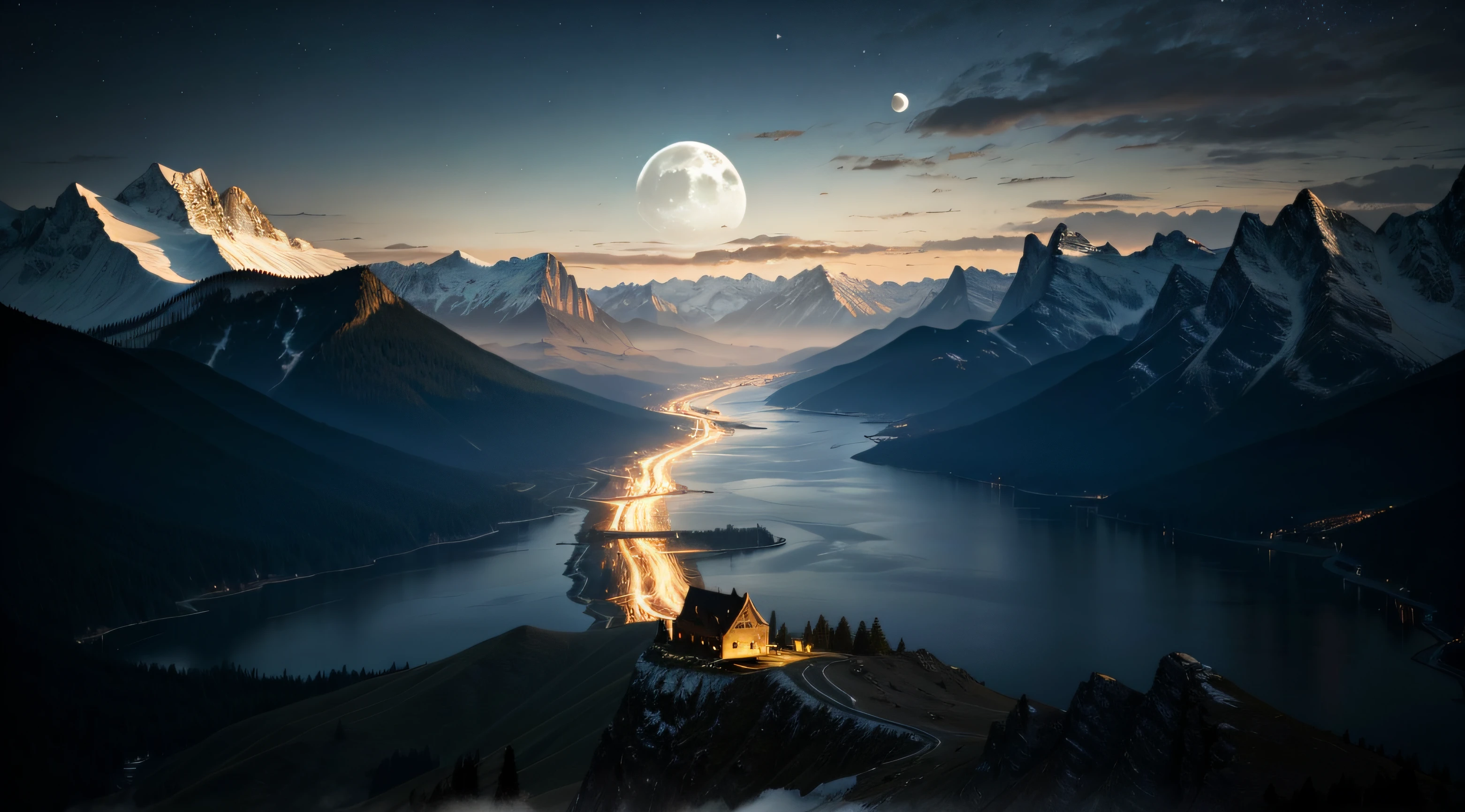 Good quality, High-definition images, The image is not blurry., river, mountain, mountain range, moon, nighttime, star,