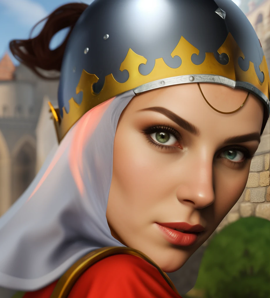 masterpiece, high quality, detailed photo, 8k, 4k, (1woman), detailed head, detailed face, ultra-sharp focus, detailed eyes, detailed hair, (detailed head accessories), [detailed cloth|detailed armor|knight light armor:1], (head helmet and trunk), (hair under helmet), a close up of a woman wearing a helmet and a red shirt, portrait knight female, heroes of might and magic, king's quest, joan of arc, baldur's gate character portrait, medieval, age of empires ii, heroes of might and magic 3, sqare-jawed in medieval clothing, ultra high pixel detail, medieval era, age of empires 2