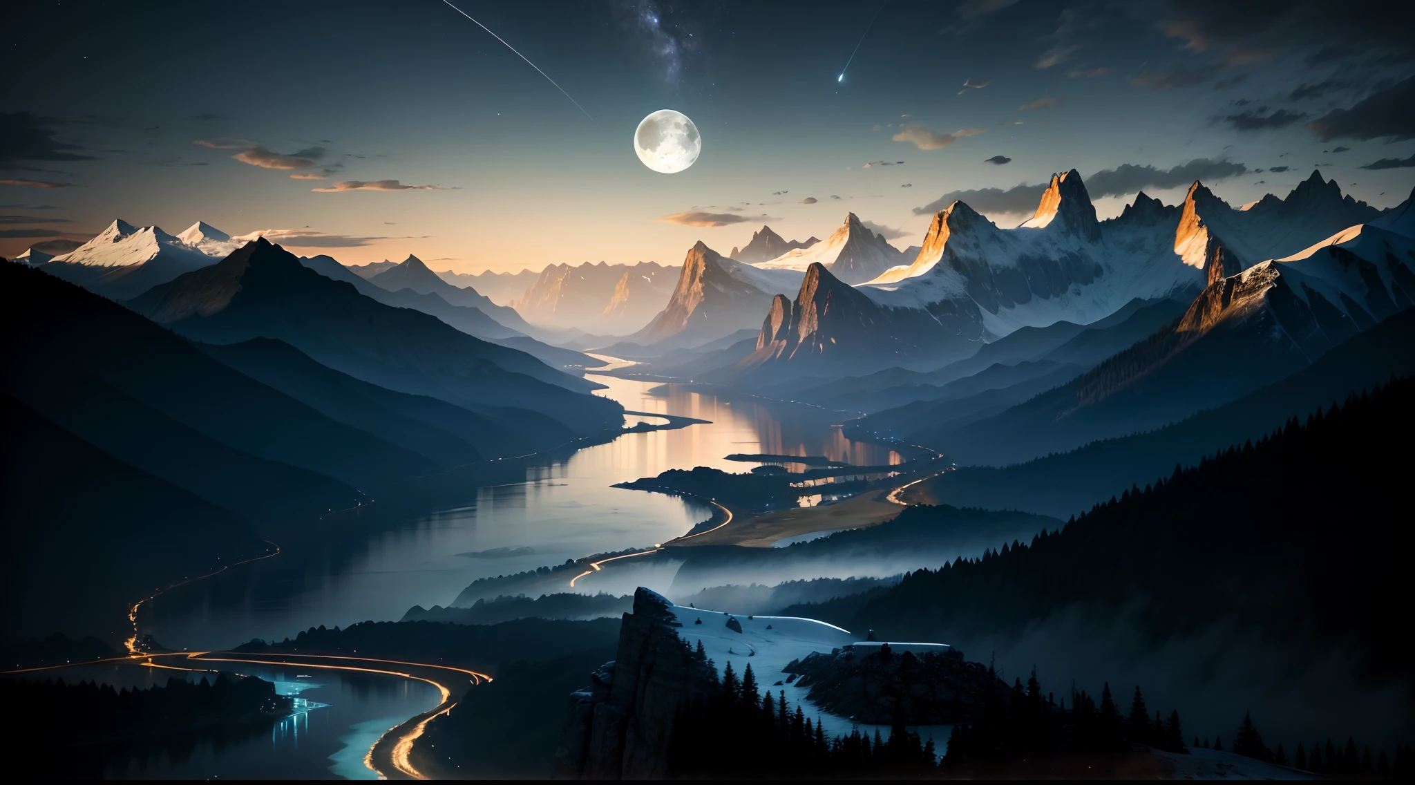 Good quality, High-definition images, The image is not blurry., river, mountain, mountain range, moon, nighttime, star,