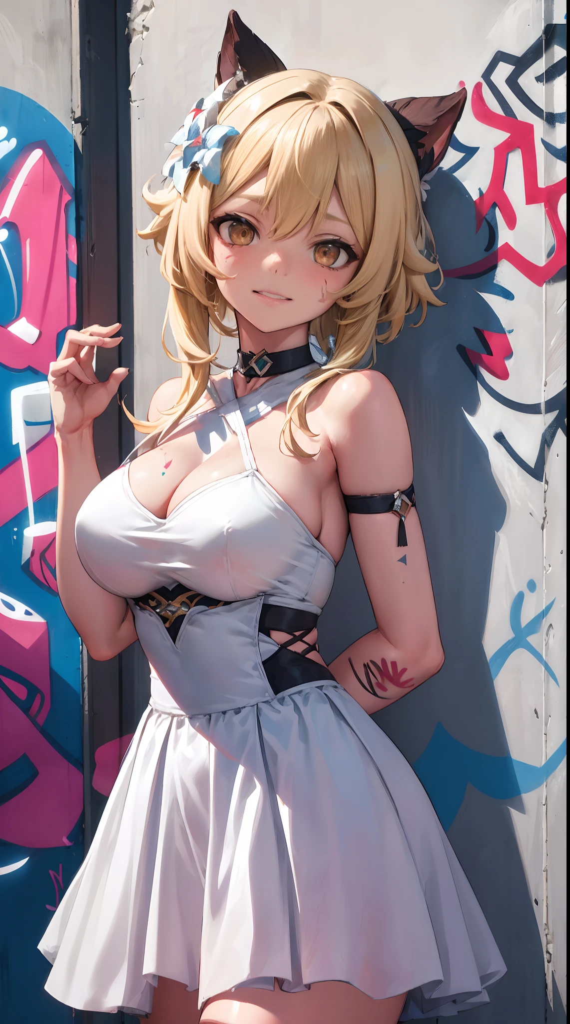 Lumine | genshin impact, master-piece, bestquality, 1girls,25 years old, proportional body, proportional., Wedding Dresses, White Wedding Dress, wedding,Long skirt, mediuml breasts, ,bara, choker, (Graffiti:1.5), Splash with purple lightning pattern., arm behind back, against wall, View viewers from the front., Thigh strap, Head tilt, bored, 10, 10, HD, slight smile,