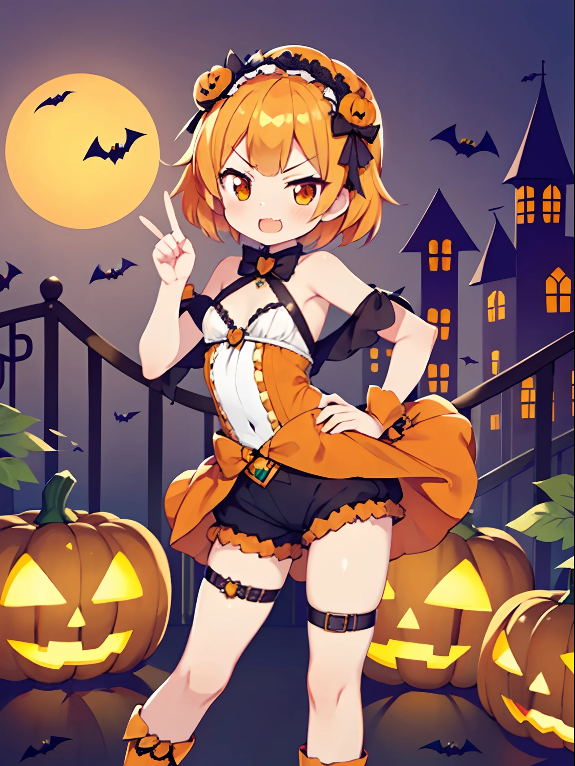 Highly detailed and realistic CG, Colorful, masutepiece, Best Quality, Magnificent,1girl in, Solo, (Halloween:1.2), orange hair, short hair, shiny hair, short pants, thigh strap, pastel color, orange lolita, (petite:1.3), , small boobs, stylish pose, orange shoes, pumpkin head, smug, pumpkin idol, pumpkin headdress, cute girl, pumpkin heroine, index finger raised, hand on hip, antennae, lolipop,