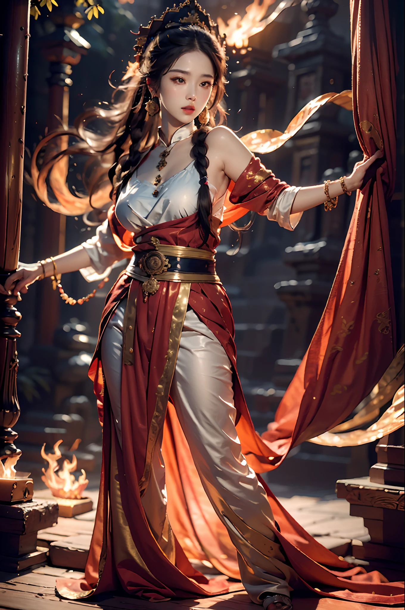 Best quality,masterpiece,ultra high res,(photorealistic:1.4)1girl,beautiful_face,detailed skin,full body,yuhuoshu,jewelry,solo,earrings,(fire:1.3),blurry,realistic,lips,