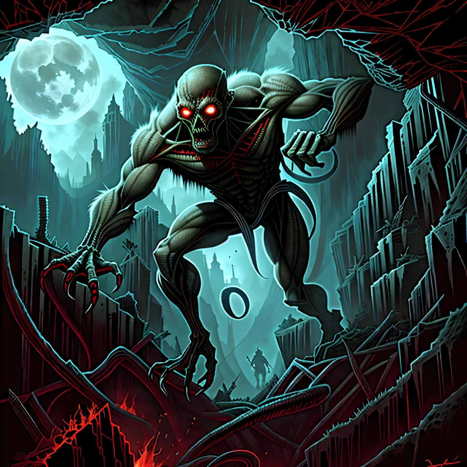 Grande angular do subsolo do vale escuro,, Crumbling dark walls. Satanic Cave, rochas ao redor,. Arte do Terror, Tinta hiperdetalhed, desenho colorido. Arte por Dan Seagrave