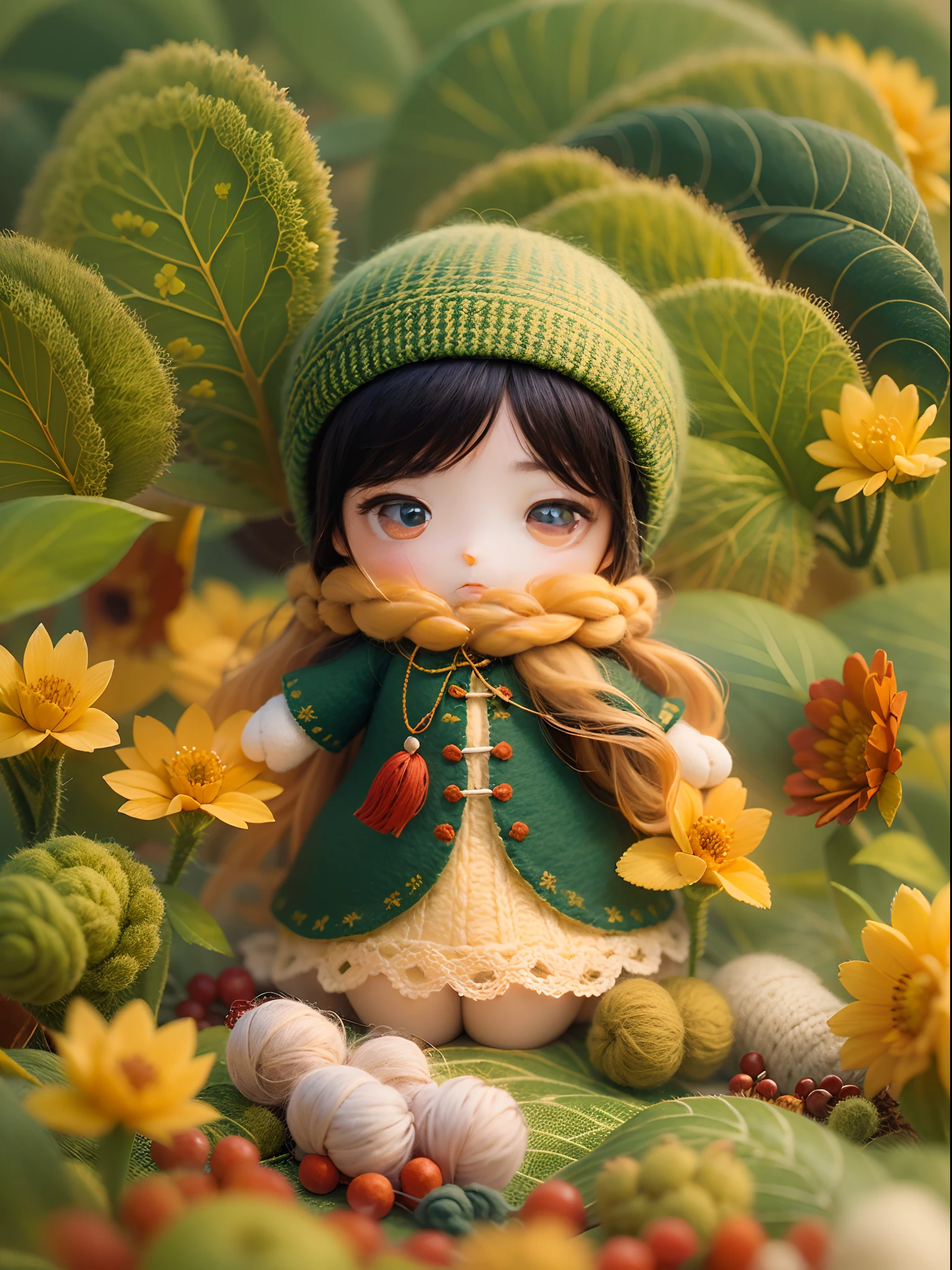 (In the autumn fields there are green and yellow crops,The cute world of wool felt:1.4),(1 wool felt doll girl,eyes with brightness,Long hair made of colorful wool felt,Oriental elements),(Chinese illustration:1.3,wool felt art:1.3,wool felt:1.2),(Reasonable design,Clear lines,High clarity,The best quality,The is very detailed,tmasterpiece,movie light effect,8K)