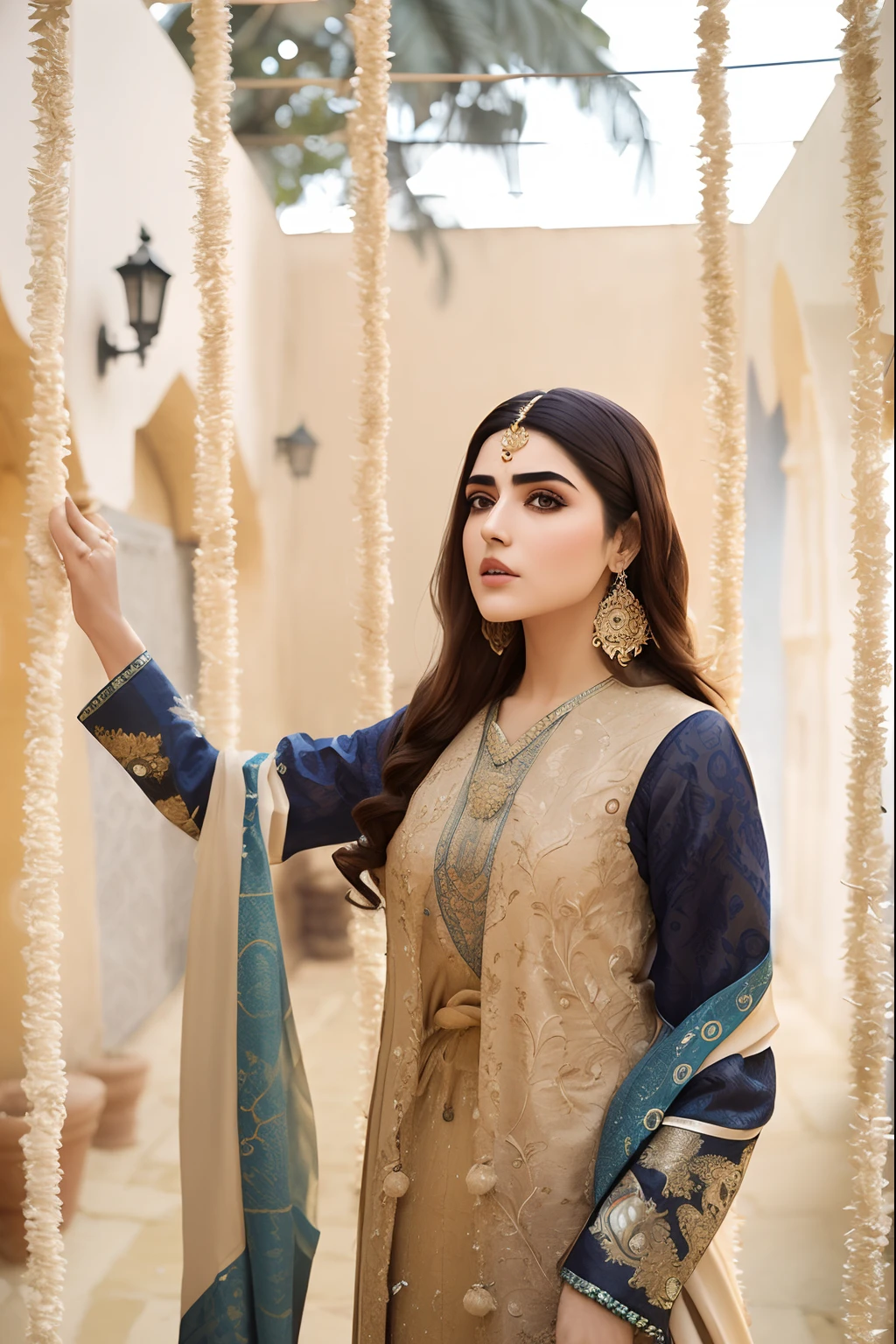 araffe woman in a traditional outfit standing in a courtyard, maya ali, maya ali as d&d mage, maya ali as d&d sorcerer, maya ali mage, maya ali as a mage, maya ali as a wind sorcerer, blue colored traditional wear, kyza saleem, maya ali as a sorcerer