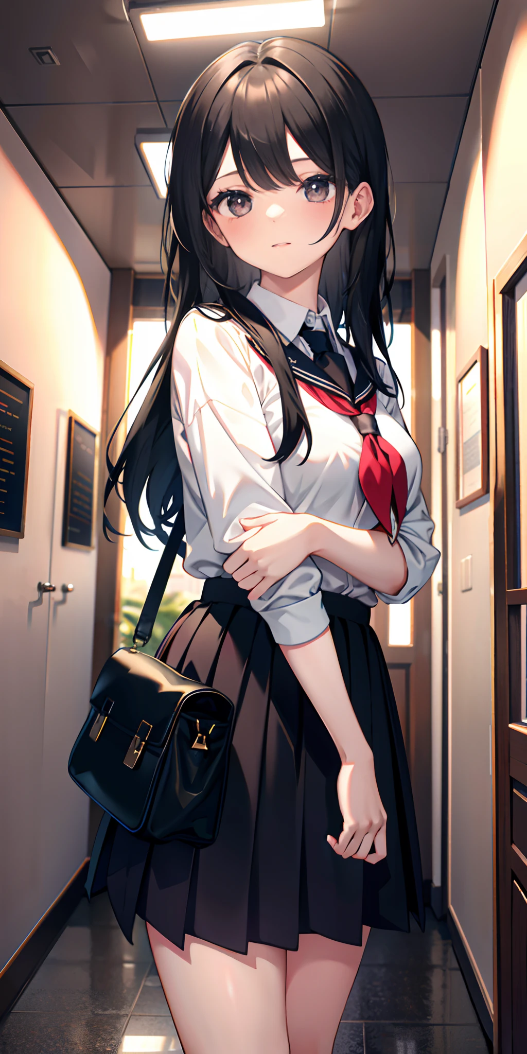 1girl, black hair, school uniform, indoors, glowing, sidelighting, wallpaper,