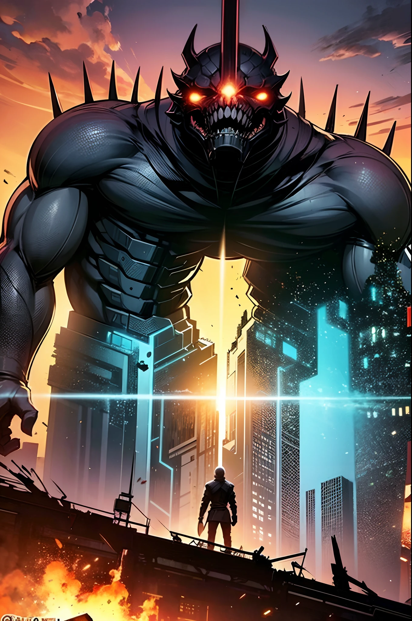 enraged eternal deity destroying the city, half-giant, war, chaos, ruined and burning cityscape, (dark future), epic battle, lost hope, end of civilization, view from side, best quality