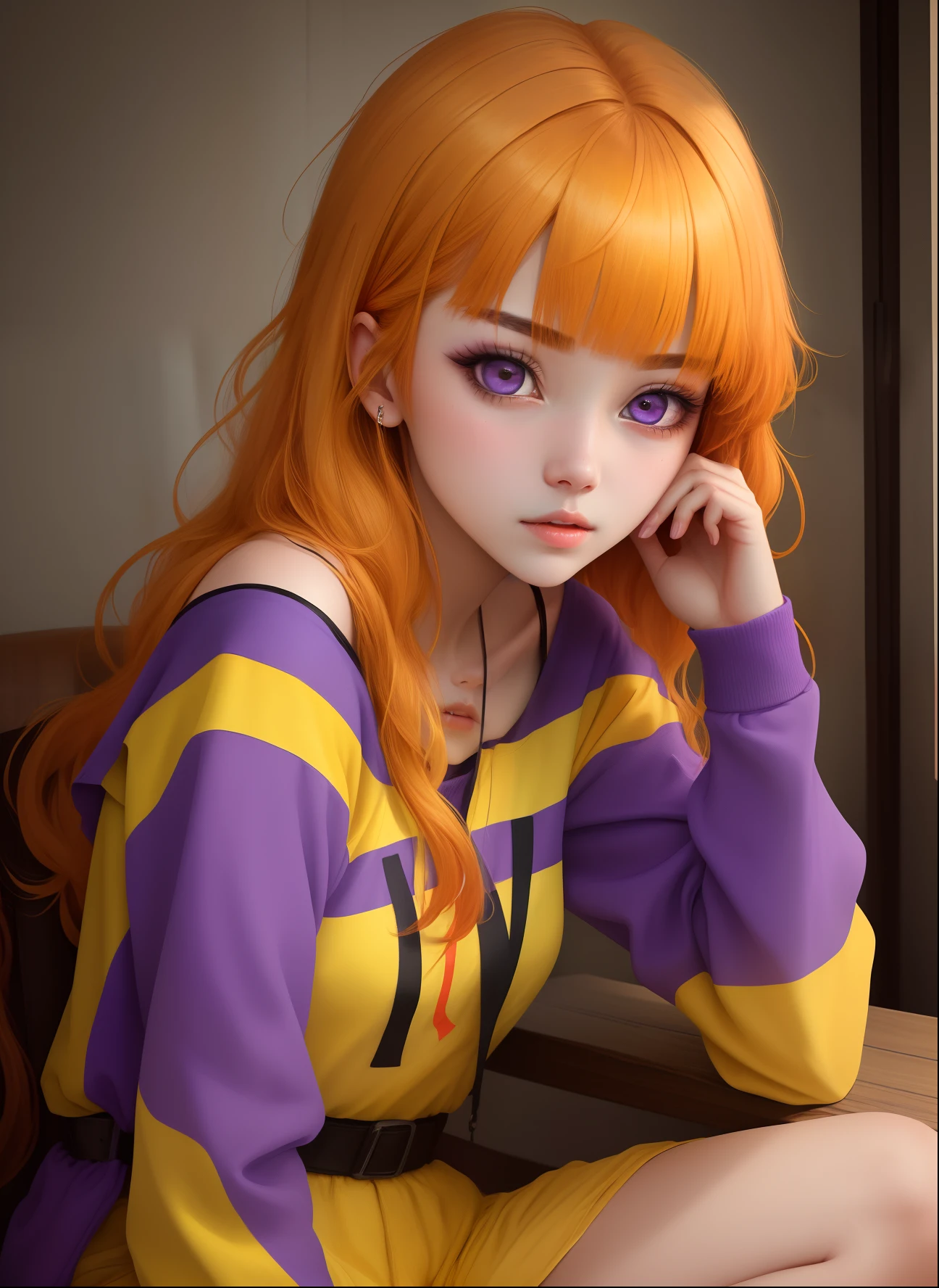 (masterpiece), best quality, expressive eyes, perfect face , A girl loves to cheat on her boyfriend , Her hair color is purple and yellow, she has red bangs, purple-yellow clothes, yellow right eye, yellow left eye.,
