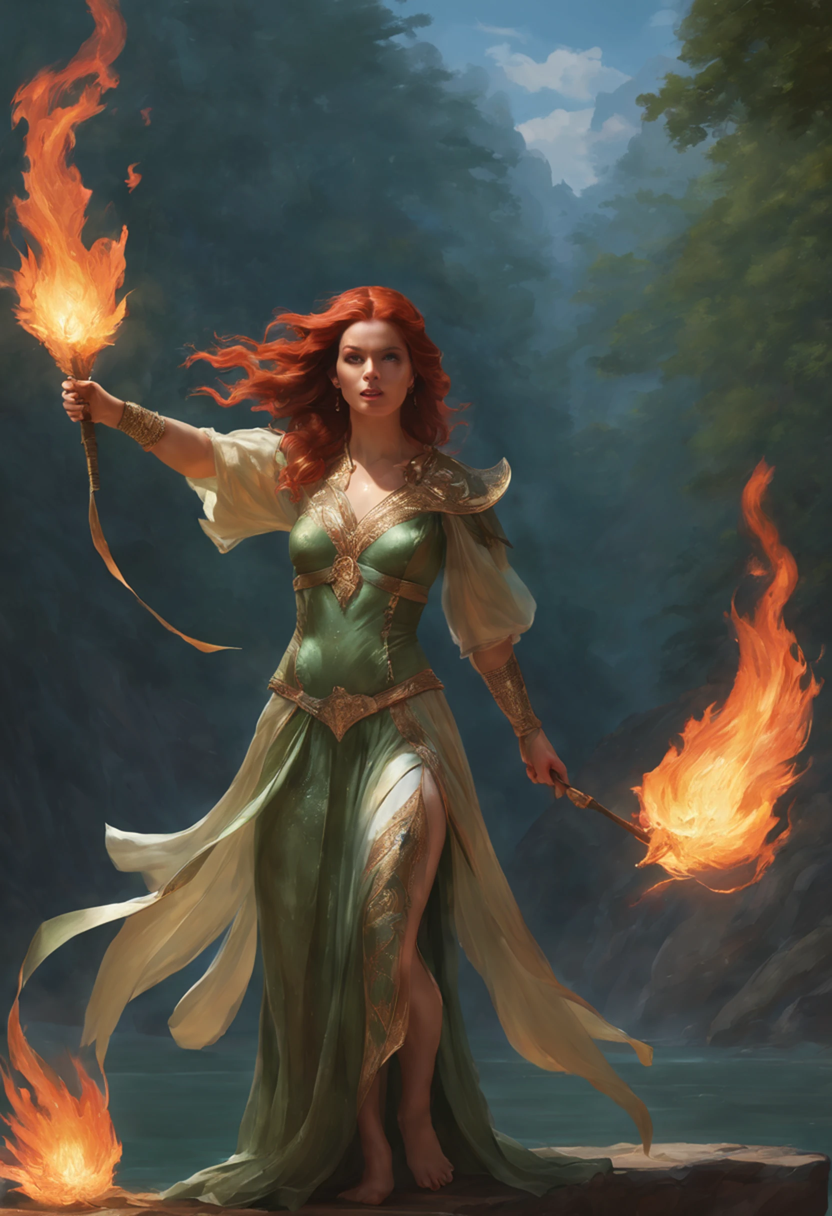 8k, ultra detalhado, master part, melhor qualidade, (extremamente detalhado), Arafed, arte dnd, scenic view, corpo inteiro, Aasimar sorceress casting a flaming spell, Aasimar, female, (Obra-prima 1.3, Detalhes intensos), female, feiticeira, Casting Flaming Spell (Obra-prima 1.3, Detalhes intensos) grandes asas angelicais, Open Blue Angelic Wings (Obra-prima 1.3, Detalhes intensos), magical fantasy background (Obra-prima 1.5, Detalhes intensos), lua, Estrelas, nuvem, vestindo manto verde,, Capa verde escura, flowing robe (Obra-prima 1.3, Detalhes intensos), Botas de salto alto (Obra-prima 1.3, Detalhes intensos), armado com pessoal, red hair, olhos verdes, olhos intensos, Feminino, Face Ultra Detalhada, (Obra-prima 1.5, melhor qualidade), anatomicamente correto (Obra-prima 1.3, Detalhes intensos), face determinada, Luz Divina, Cinematic lighting, luz suave, silhueta, fotorrealismo, scenic view (Obra-prima 1.3, Detalhes intensos) , Wide-Angle, Ultra-Grande Angular, 8k, Altas, melhor qualidade, Detalhes altos