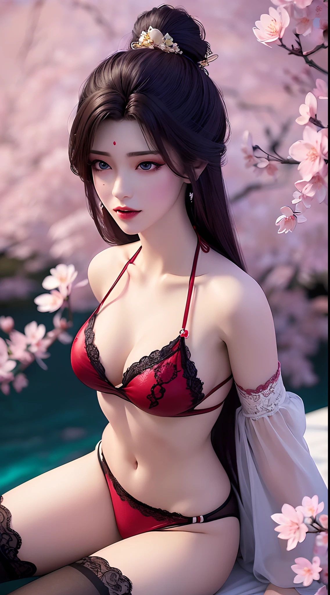 1 sexy beautiful girl, ((wearing a super sexy red bikini with black lace trim:1.6)), ((wearing tight black lace stockings with super sexy straps:1.5)), golden iridescent aura, bust out, show off her round bust, deep slit shirt, long black purple hair, the most beautiful and detailed hair jewelry, beautiful little face thin eyebrows, the most beautiful and spotless face, ((Yellow iris:0.8)), the very beautiful eyes, big round eyes, purple eyes, fine and detailed makeup eyelashes, high nose, wearing earrings, small red lips, rosy face, clean face, beautiful face without blemish, smooth white skin, ((big breasts: 0.9)), Blums boobs, ((big and super round breasts:0.9)), ((super tight breasts:1.2)), ((breast augmentation: 0.8)), beautiful breasts, fit body, ((thin waist: 0.9)), upper body of a beautiful girl, Hot and sexy petite body, sexy girl, hands hanging down, 8k photo, super high quality, super realistic, 10x super pixels, photo realistic, dark studio, border light, two tone light, (detailed skin high: 1.2), 8k uhd, dslr, soft light, high quality, volumetric light, candid, Photo, high resolution, light, best photo, 4k quality, 8k, Bokeh, Smooth and sharp, pixel up 10 times, ((the sea and falling cherry blossoms effect background:1.5)), aurora, lightning, super graphics, the most realistic graphics,(Aurora Background: 1.8), alone, solo, portrait 9:16,