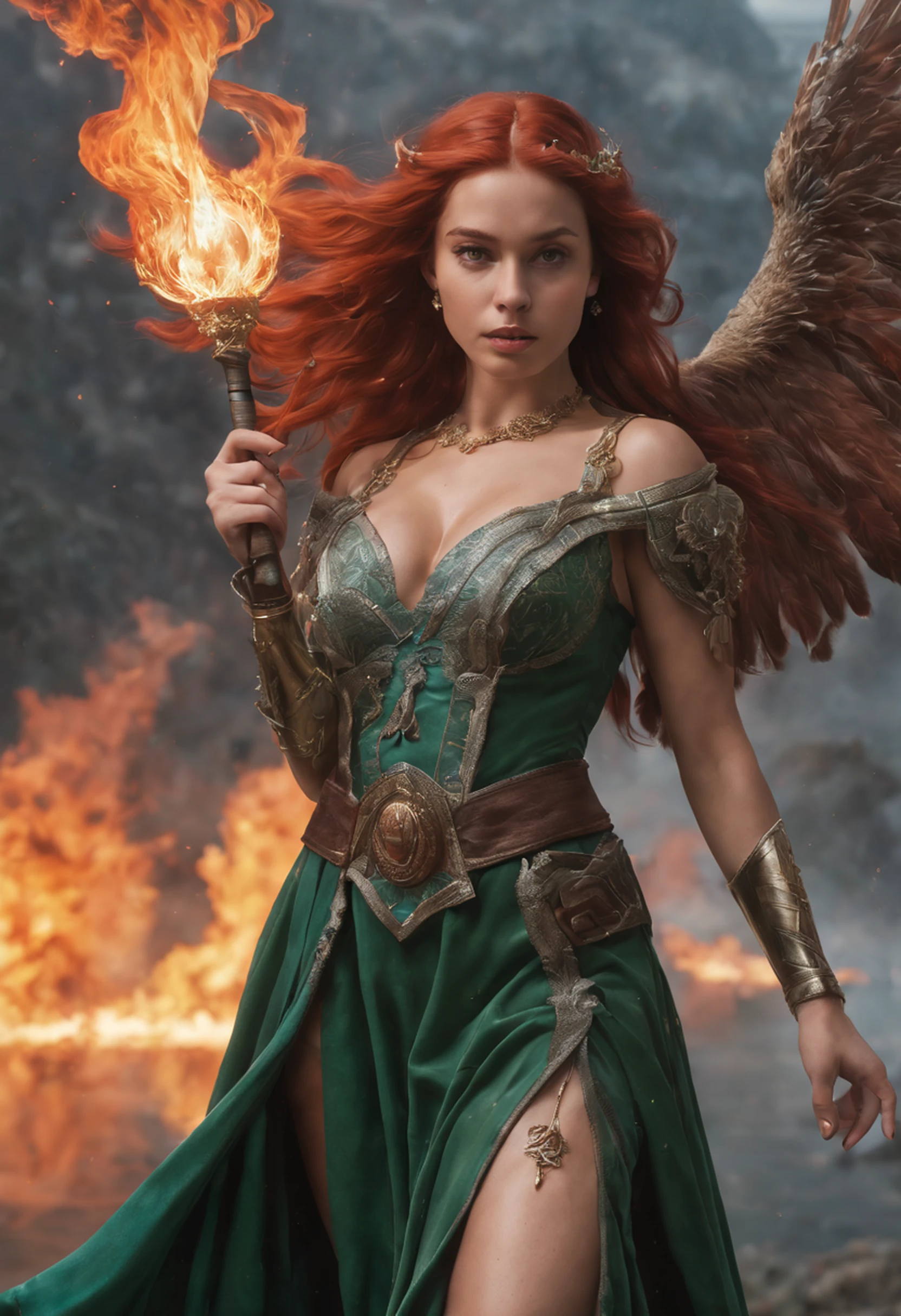 8k, ultra detalhado, master part, melhor qualidade, (extremamente detalhado), Arafed, arte dnd, scenic view, corpo inteiro, Aasimar sorceress casting a flaming spell, Aasimar, female, (Obra-prima 1.3, Detalhes intensos), female, feiticeira, Casting Flaming Spell (Obra-prima 1.3, Detalhes intensos) grandes asas angelicais, Open Blue Angelic Wings (Obra-prima 1.3, Detalhes intensos), magical fantasy background (Obra-prima 1.5, Detalhes intensos), lua, Estrelas, nuvem, vestindo manto verde,, Capa verde escura, flowing robe (Obra-prima 1.3, Detalhes intensos), Botas de salto alto (Obra-prima 1.3, Detalhes intensos), armado com pessoal, red hair, olhos verdes, olhos intensos, Feminino, Face Ultra Detalhada, (Obra-prima 1.5, melhor qualidade), anatomicamente correto (Obra-prima 1.3, Detalhes intensos), face determinada, Luz Divina, Cinematic lighting, luz suave, silhueta, fotorrealismo, scenic view (Obra-prima 1.3, Detalhes intensos) , Wide-Angle, Ultra-Grande Angular, 8k, Altas, melhor qualidade, Detalhes altos