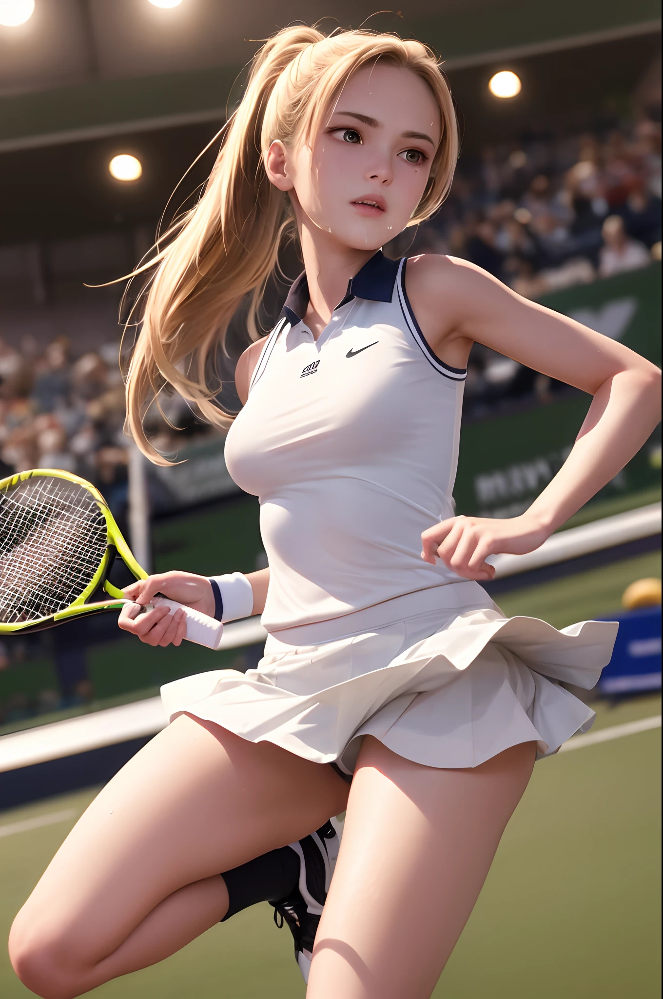 (Best Quality,8K,hight resolution,masuter piece:1.2),Ultra-detailed,Realistic:1.37,Portrait,Dynamic Angle,(Female tennis players) ,age girl,small head,Cute,Sporty,Charming face,Detailed beauty face,Very realistic skin,Wet skin,Sweat,Large breasts,nice legs,Skirt fluttering ,Sporty,Tennis Competition Venues　,Cinematic lighting,