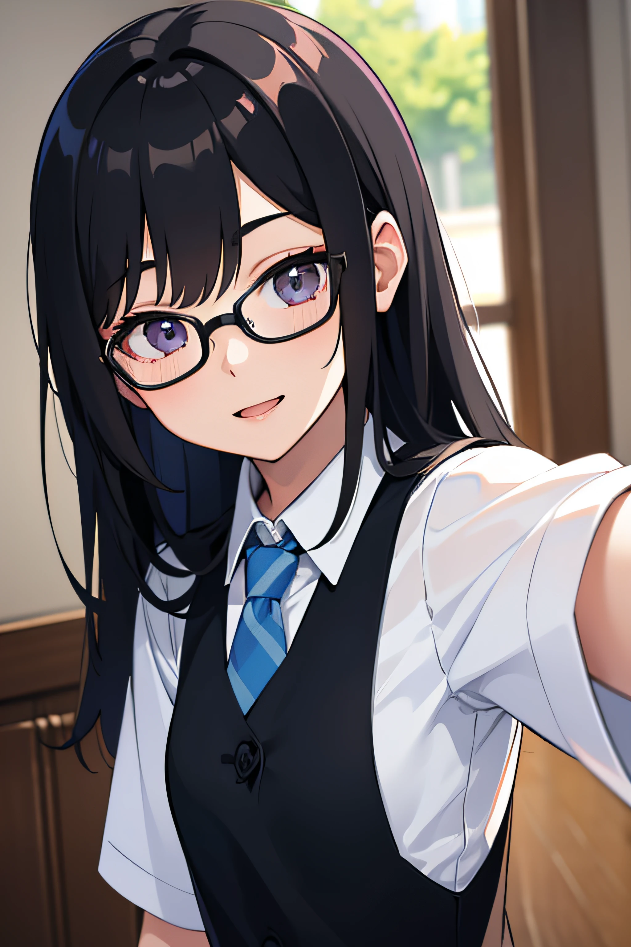 Very young female, half chinese, small slit-eyed, glasses, black hair, flawless white skin, long hair, photorealistic, best quality, hyper detailed, , beautiful woman, selfie photo, upper body, solo, in white shirt and blue vest, without makeup, school (cheerful, happy), looking at viewer, skin texture, film grain, close up, ultra high res, best shadow, RAW, instagram LUT