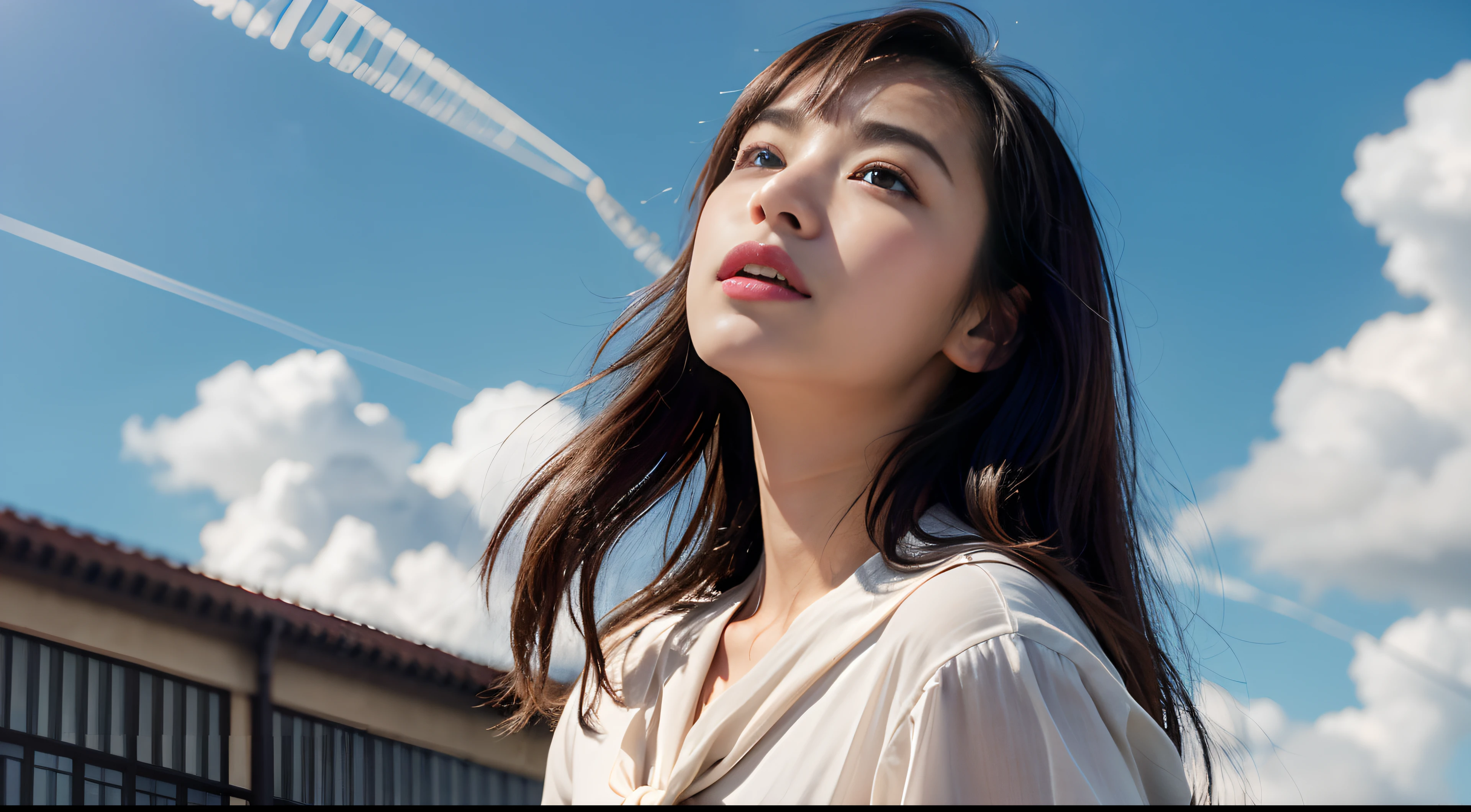 a picture、(Photorealsitic:1.4)、(hyper realisitic:1.4)、(Cinematic:1.5)、Woman in her 20s、caucasian female、solo, (beautiful and delicate face)、(High-quality eyes)、hi-school girl、校服、bow ribbon、School rooftop、 (look up the sky:1.5)