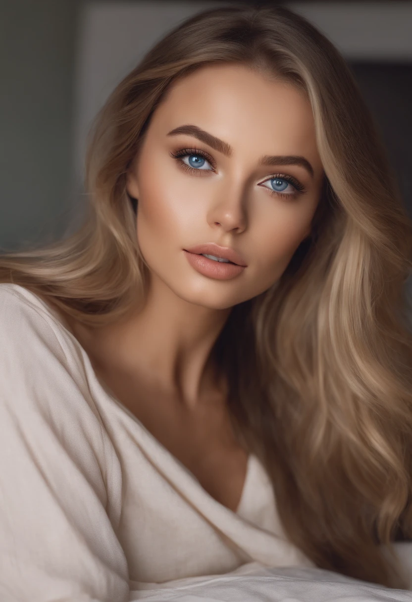 arafed woman fully , sexy girl with blue eyes, ultra realistic, meticulously detailed, portrait sophie mudd, blonde hair and large eyes, selfie of a young woman, bedroom eyes, violet myers, without makeup, natural makeup, looking directly at the camera, face with artgram, subtle makeup, stunning full body shot kneeling on bed, in bedroom, medium to large size bust