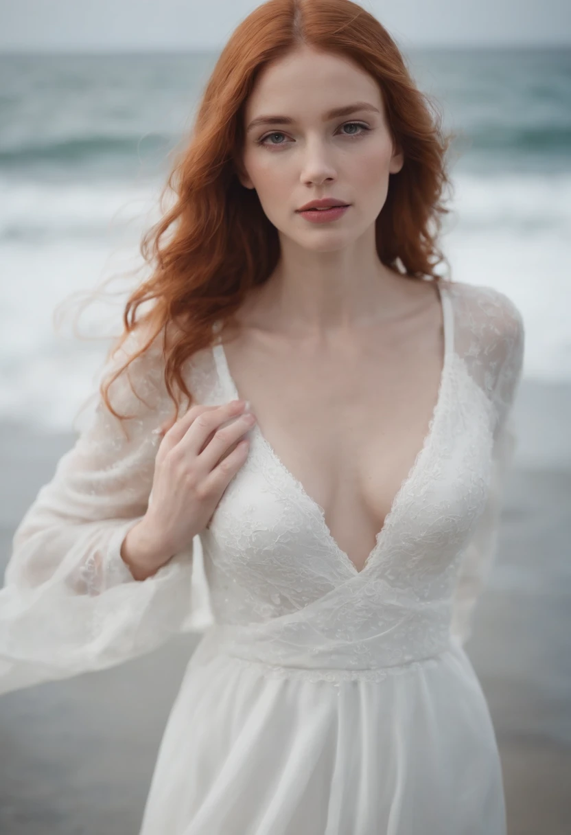 une femme rousse en robe blanche sortant de l'ocean