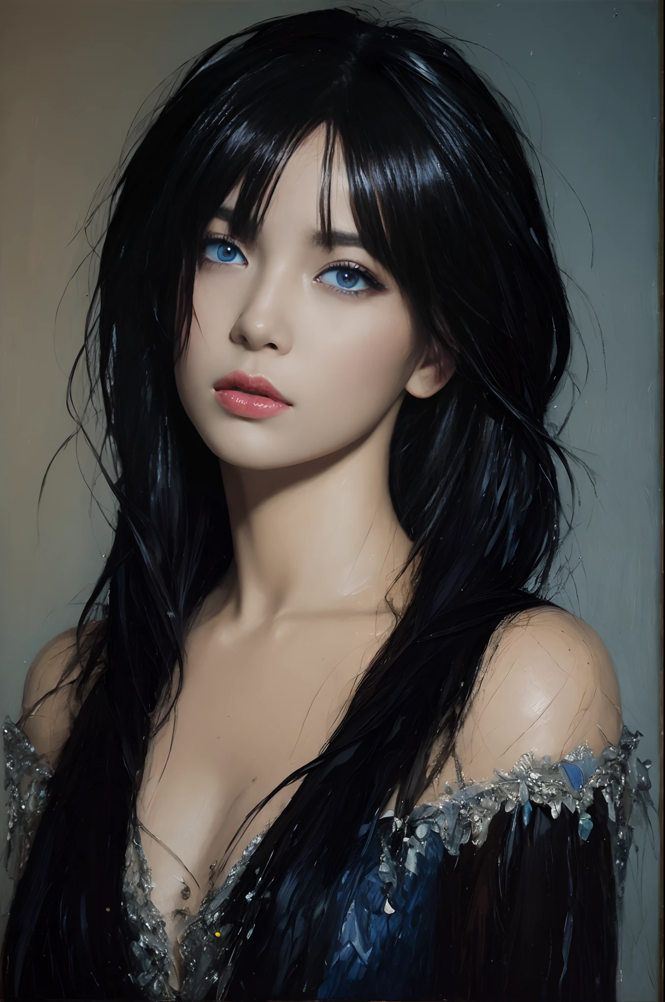(Oil Painting:1.5),
\\
a woman with (Black shorthair with fringe) (Blue eyes) , (Amy Sol:0.248), (Stanley Artgerm Lau:0.106), (detailed paintings:0.353), (Gothic art:0.106)、livingroom