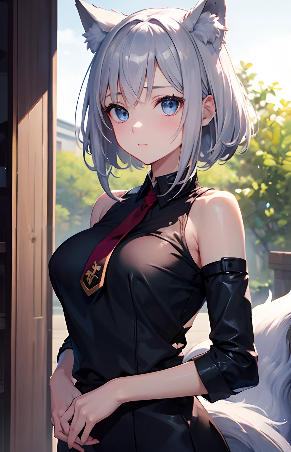 masterpiece,Top image quality,hight resolution,imagem 4k,Raw photo,Photorealsitic,{Solo},s girl,Embarrassment,Silver Hair,stare at each other,hime-cut,Blue eyes,小柄,tits out,Silver fox ears,Fox tail,Bangs Patsun,boyish,hime