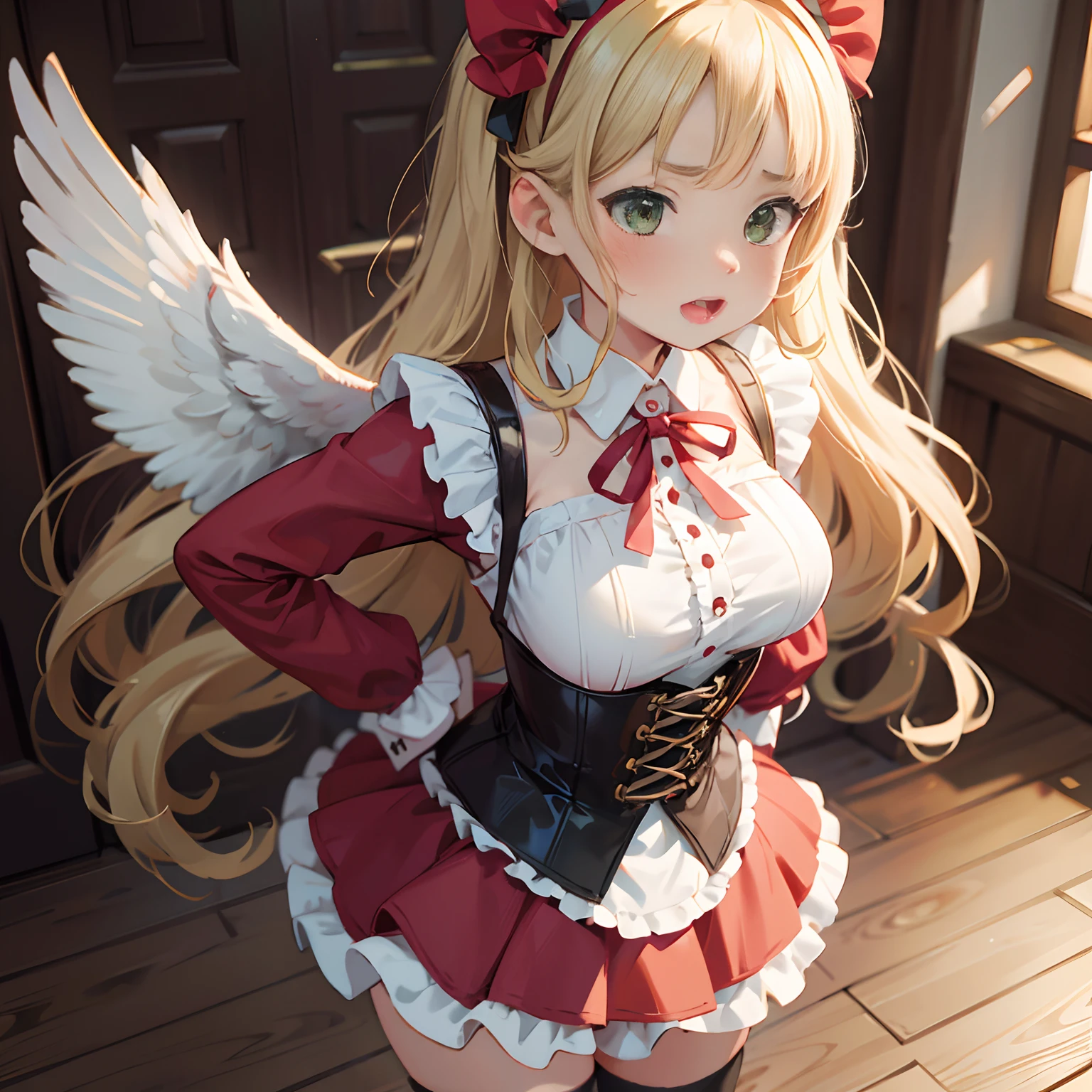 anime girl, 2D, anime style, 1 girl, cute, double eyelids, laugh, opened mouth, tareme, green eyes, round face, round eyes, blonde wavy hair, parted bangs, perm hair, hairband,  gothic lolita fashion, frills, gloves, knee high socks, corset, (thick red skirt, red long sleeve shirt: 1.2), , medium breast BREAK [white:black:0.5] feathered wing on shoulders, from above