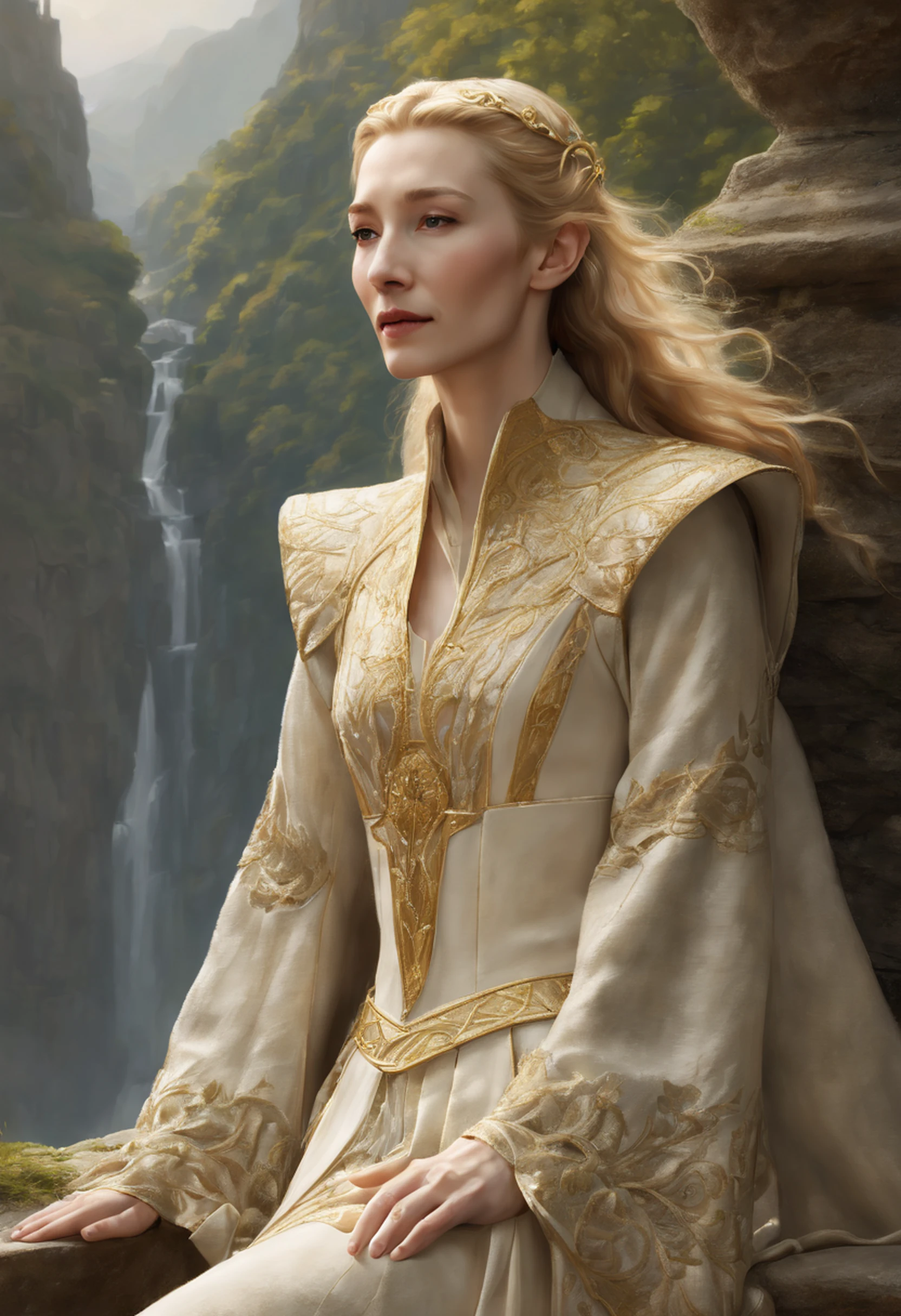 ((Cate Blanchett), (Galadriel)),  estilo modelshoot, Parece Keira Knightley, (extremamente detalhado CG unidade 8k papel de parede), foto corporal completa da obra de arte mais bonita do mundo, Bruxa medieval inglesa, Vale Verde, pearl skin,coroa de ouro, ouros, Plano de fundo detalhado com arquitetura medieval, professional majestic oil painting by Ed Blinkey, Atey Ghailan, ghibli studio, Directed by: Jeremy Mann, Greg Manxadinho, Antonio Moro, trending on ArtStation, trending in cgsociety, intrincado, High detail, foco nítido, Dramatic, Arte de pintura fotorrealista de Midjourney e Greg Rutkowski