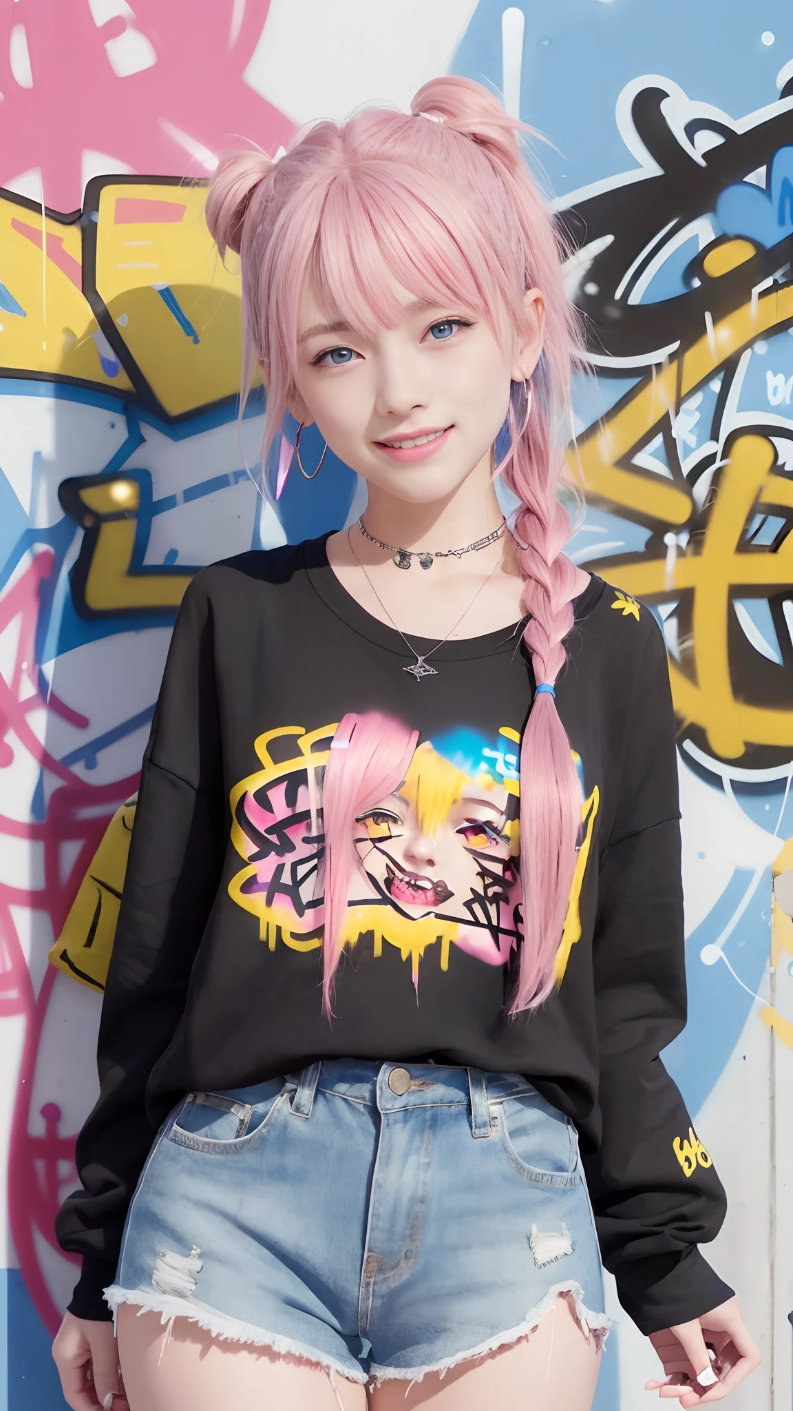 (ultra-detailliert), Black Psychedelic Shirt、Blue eyes,The upper part of the body、a closeup、18year old、faces、(A smile:1.5),(facing front:1.2),(masutepiece:1.3, Best Quality, Photorealistic, Ultra-detailed, Finely detailed, High resolution, 8K Wallpaper), 1 beautiful girl, Beautiful face, Detailed face, Beautiful eyes, Detailed eyes, Looks fun、Smiling, earrings, Necklace, Only 1 person,Pink Hair Medium Hair, (Pink hair), Ear Hair, small tits, Single braid, (Single braid), (Side braid),on a stage, Spotlight, small tits、Denim shorts, Choker, (Graffiti:1.5), Paint Splatter, arms behind back, Against Wall, Looking at Viewer, arm band, Thigh strap, paint on body,