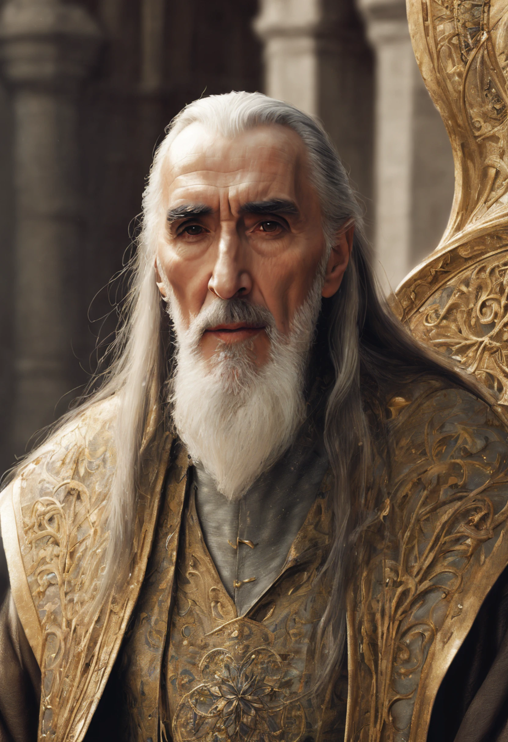 ((Christopher Lee .... Saruman)), estilo modelshoot, Parece Keira Knightley, (extremamente detalhado CG unidade 8k papel de parede), foto corporal completa da obra de arte mais bonita do mundo, Bruxa medieval inglesa, Vale Verde, pearl skin,coroa de ouro, ouros, Plano de fundo detalhado com arquitetura medieval, professional majestic oil painting by Ed Blinkey, Atey Ghailan, ghibli studio, Directed by: Jeremy Mann, Greg Manxadinho, Antonio Moro, trending on ArtStation, trending in cgsociety, intrincado, High detail, foco nítido, Dramatic, Arte de pintura fotorrealista de Midjourney e Greg Rutkowski
