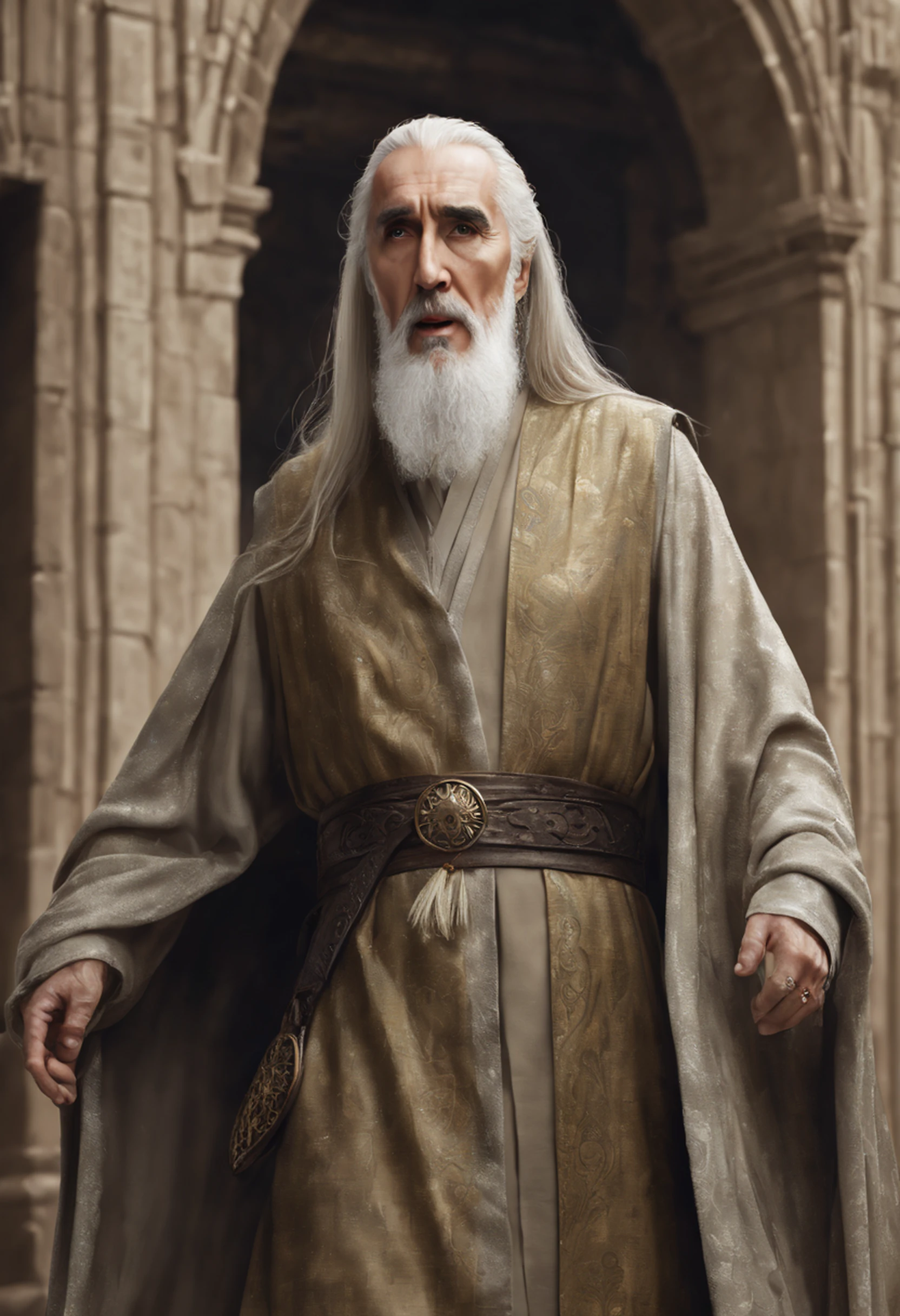 ((Christopher Lee .... Saruman)),  estilo modelshoot, Parece Keira Knightley, (extremamente detalhado CG unidade 8k papel de parede), foto corporal completa da obra de arte mais bonita do mundo, Bruxa medieval inglesa, Vale Verde, pearl skin,coroa de ouro, ouros, Plano de fundo detalhado com arquitetura medieval, professional majestic oil painting by Ed Blinkey, Atey Ghailan, ghibli studio, Directed by: Jeremy Mann, Greg Manxadinho, Antonio Moro, trending on ArtStation, trending in cgsociety, intrincado, High detail, foco nítido, Dramatic, Arte de pintura fotorrealista de Midjourney e Greg Rutkowski