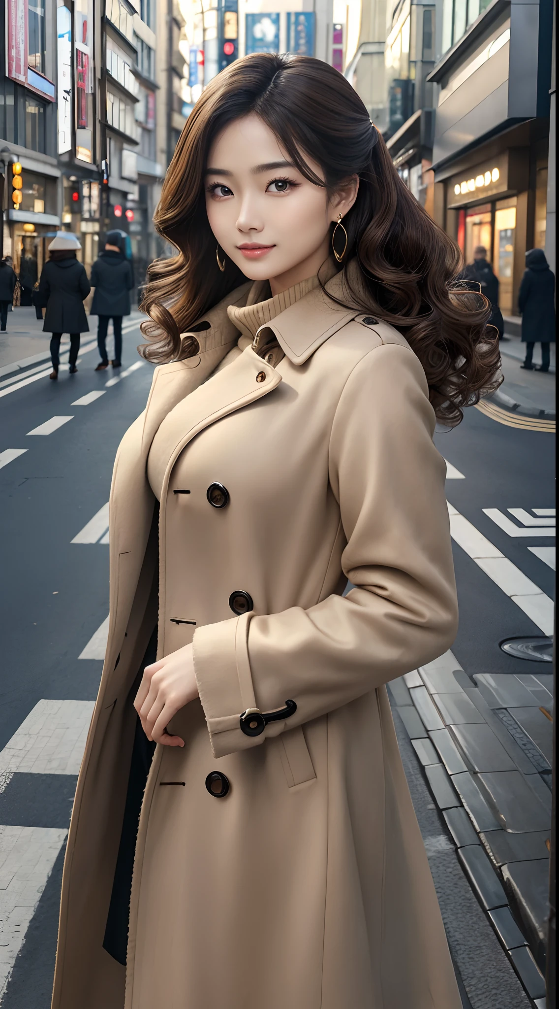 Masterpiece, Best quality, Photorealistic, Ultra-detailed, finedetail, high resolution, 8K wallpaper, 1 beautiful woman, Asian beauty, Earrings, In wool felt trench coat, Light brown wavy curls, Perfect dynamic composition, Beautiful detailed eyes, Smile, On a street in Shibuya,