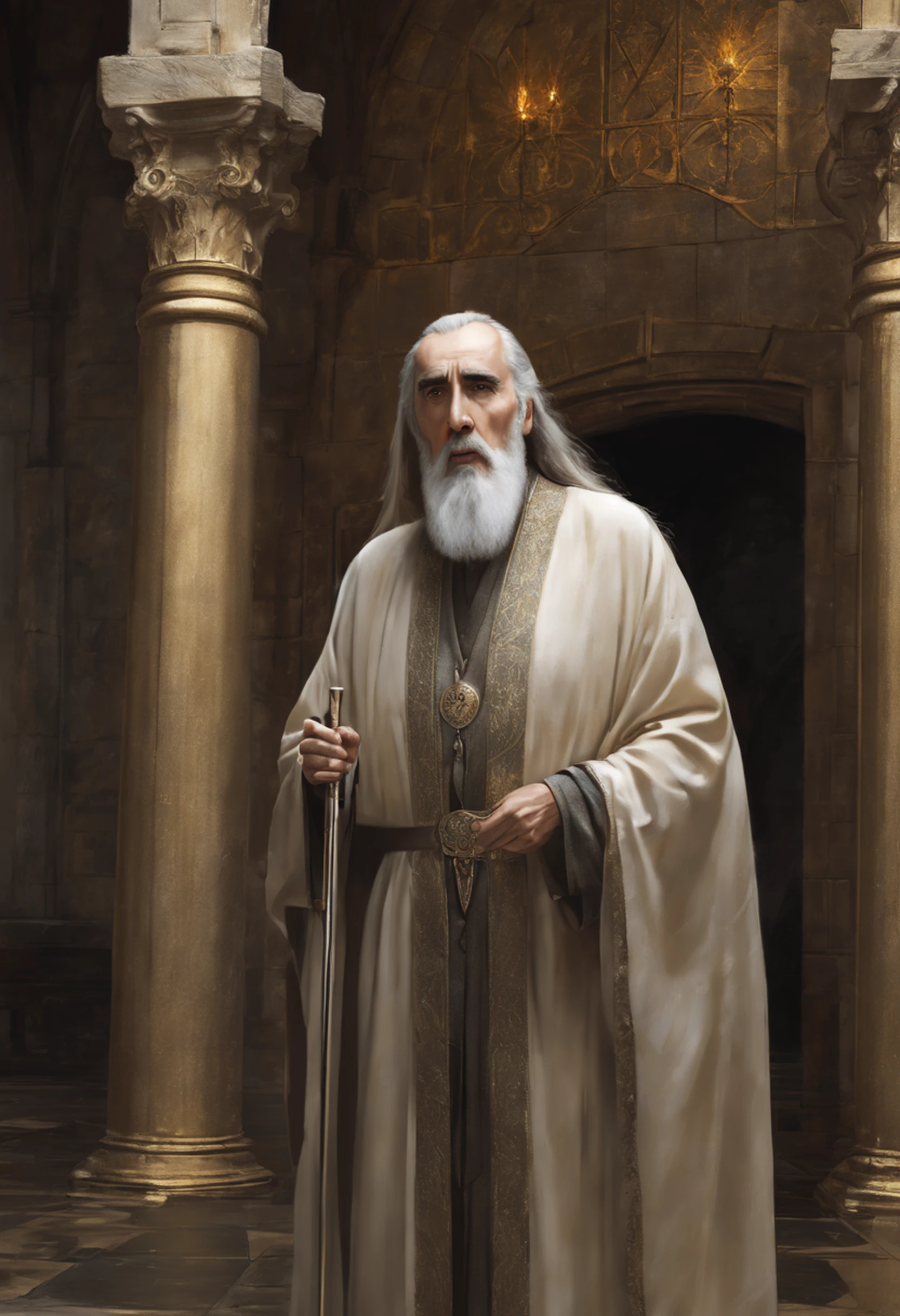 ((Christopher Lee .... Saruman)),  estilo modelshoot, Parece Keira Knightley, (extremamente detalhado CG unidade 8k papel de parede), foto corporal completa da obra de arte mais bonita do mundo, Bruxa medieval inglesa, Vale Verde, pearl skin,coroa de ouro, ouros, Plano de fundo detalhado com arquitetura medieval, professional majestic oil painting by Ed Blinkey, Atey Ghailan, ghibli studio, Directed by: Jeremy Mann, Greg Manxadinho, Antonio Moro, trending on ArtStation, trending in cgsociety, intrincado, High detail, foco nítido, Dramatic, Arte de pintura fotorrealista de Midjourney e Greg Rutkowski