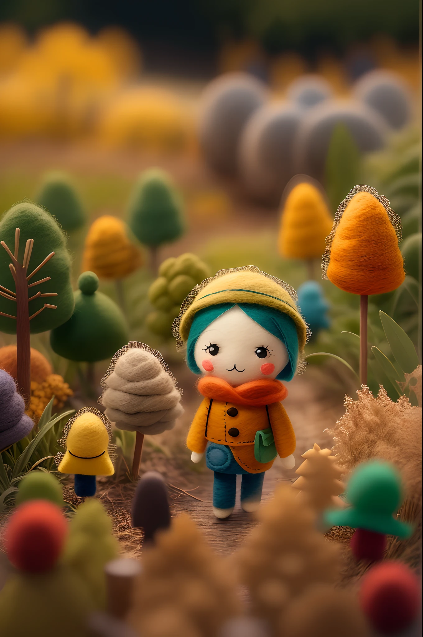 Felt dolls，A kind grandfather，Wearing blue、Beige and orange clothes，In the autumn fields there are green and yellow crops，Tilt tilt shift、largeaperture、The cute world of felt dolls、masterful lighting、Volume effect、scenecy、Brush rendering，Produced by Jon Klassen and Studio Ghibli，8k