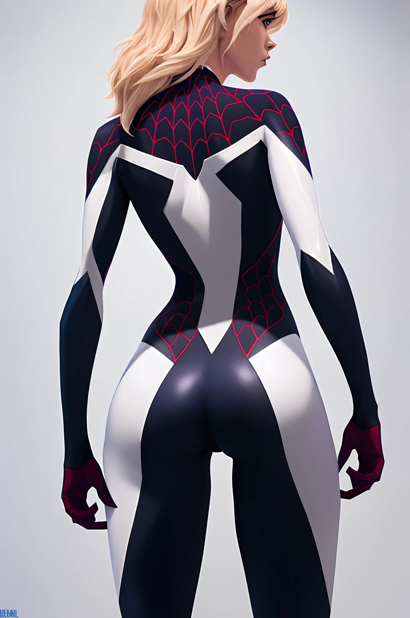 Close-up of a woman dressed in a spider - Spider Gwen, SpiderGwen, spider - gwen, ( ( spiderwoman ) ), spiderwoman!!, spiderwoman!!!!!, spidewoman, superhero body, futuristic style spiderman, wearing tight suit, Gwen Stacy, the cute sexy ass, cables on her body, Proportion of female superheroes, marvel character