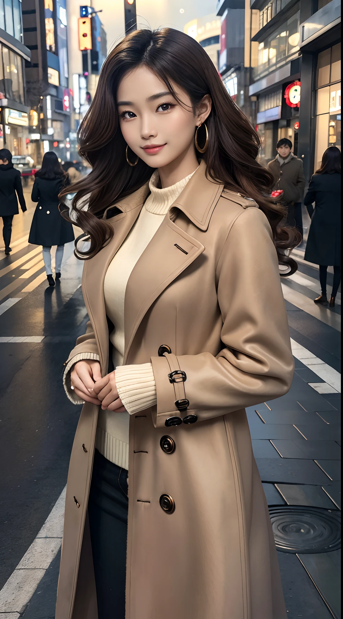 Masterpiece, Best quality, Photorealistic, Ultra-detailed, finedetail, high resolution, 8K wallpaper, 1 beautiful woman, Asian beauty, Earrings, In wool felt trench coat, Light brown wavy curls, Perfect dynamic composition, Beautiful detailed eyes, Smile, On a street in Shibuya,
