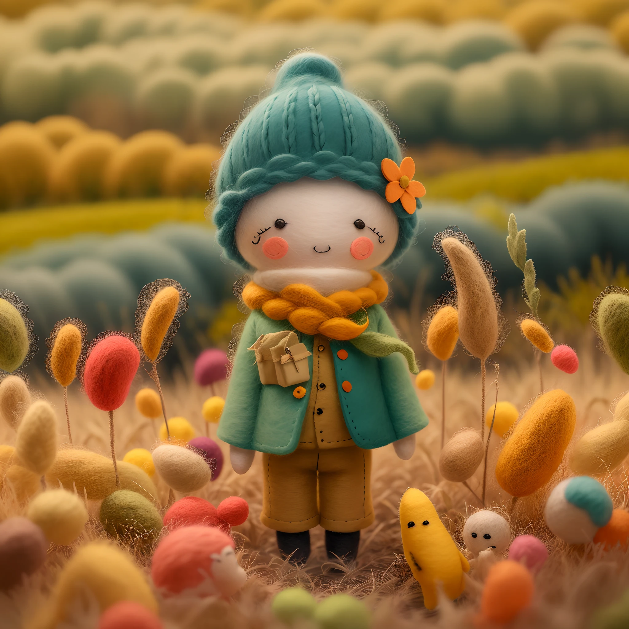 Felt dolls,A kind grandfather,Wearing blue、Beige and orange clothes,In the autumn fields there are green and yellow crops,cute world of wool felt、masterful lighting、Volume effect、scenecy、Brush rendering,8k