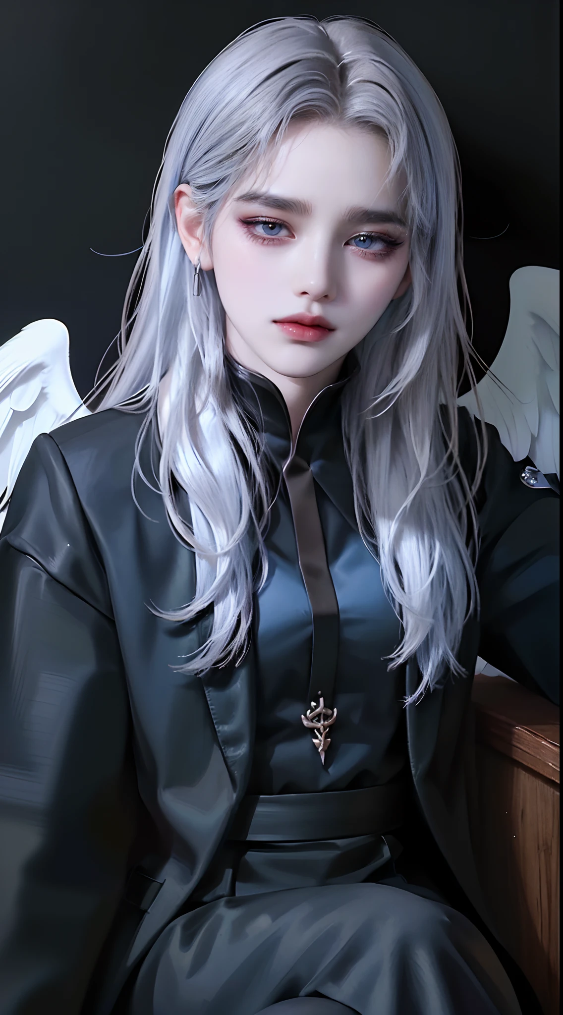 ((4K works))、masterpiece、(top-quality)、((high-level image quality))、((one beautiful women))、Slim body、((Black Y-shirt Fashion))、(Detailed beautiful eyes)、Fantastic city background、((Face similar to Chaewon in Ruseraphim))、((length hair))、((bright silver hair))、((Smaller face))、((Neutral face))、((Light blue eyes))、((Korean Women))、((18year old))、((Wild Lady))、((Glaring at him with a savage look))、((Korean makeup with black eyeshadow))、((elongated and sharp eyes))、((Shot alone))、((Fallen Angel))、((Fallen Angel Woman))、Photos of fallen angels、Villain、((Fantastic photos))、Photographed so that the whole body can be seen