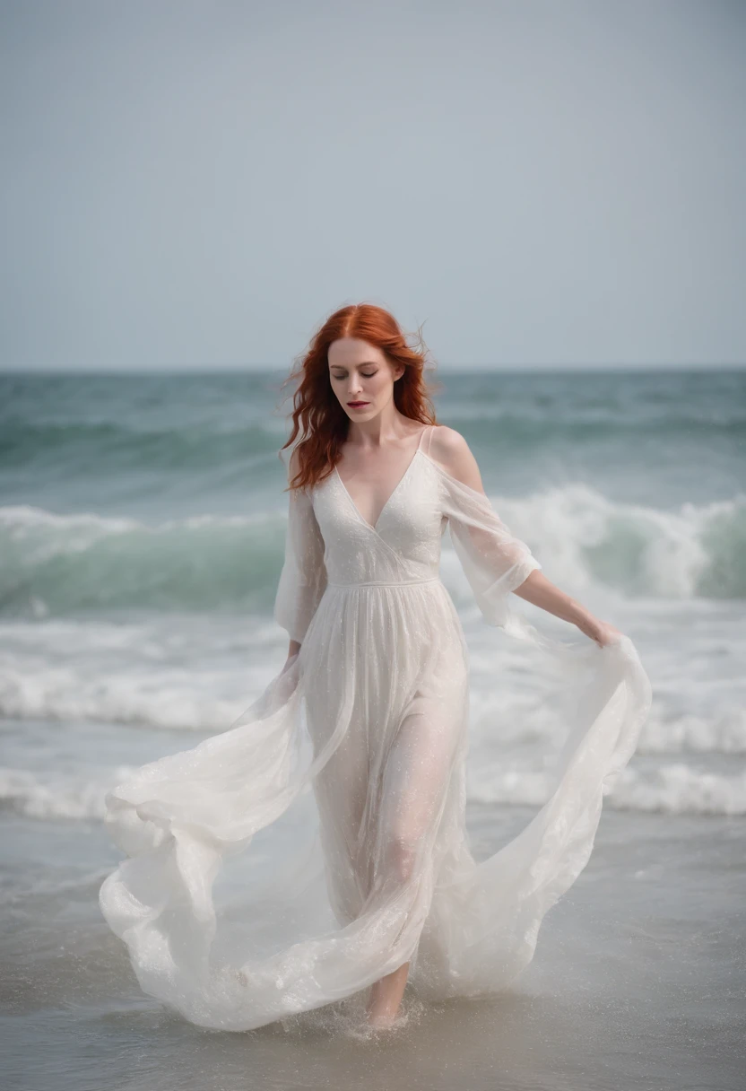 A red-haired woman in a wet and transparent white dress coming out of the ocean, elle regarde la camera, beste-Qualit