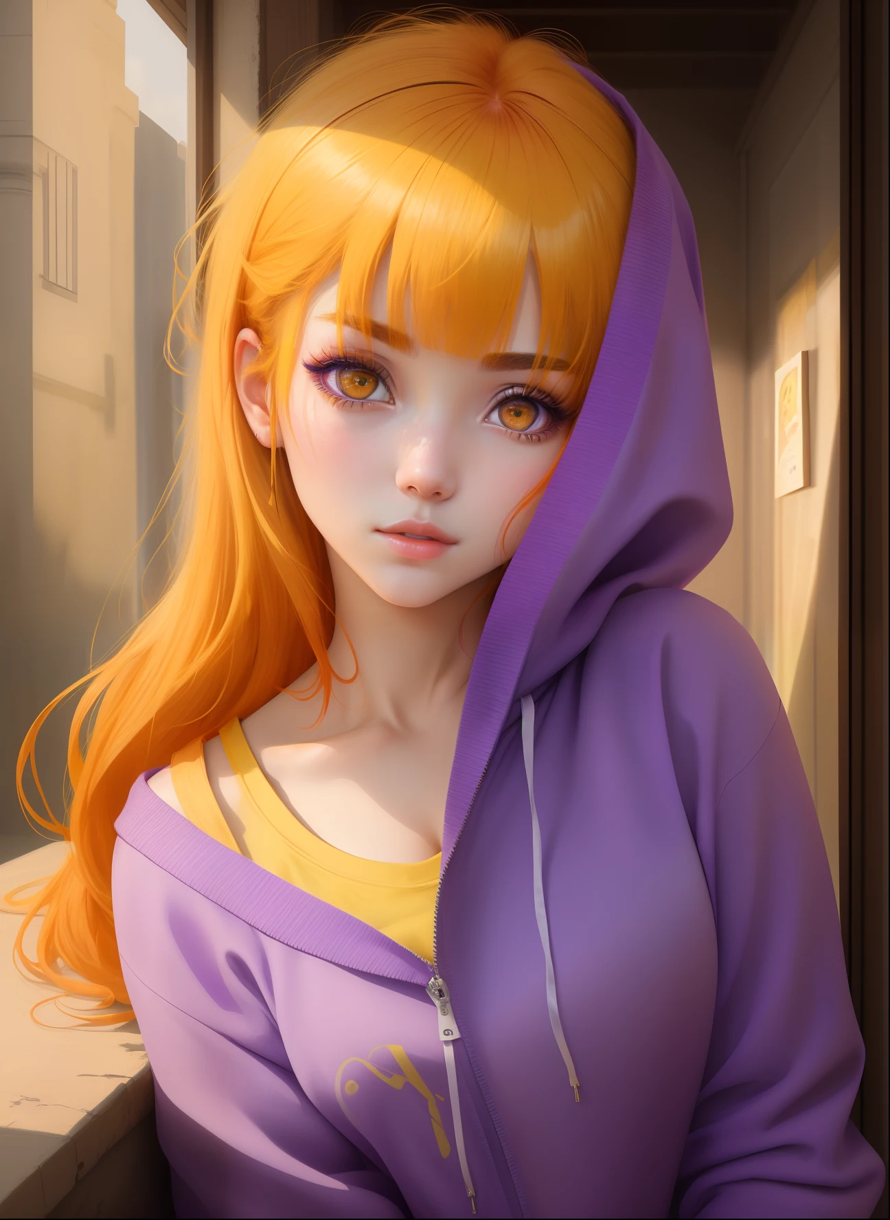 (masterpiece), best quality, expressive eyes, perfect face , A girl loves to cheat on her boyfriend , Her hair color is purple and yellow, she has red bangs, purple-yellow clothes, yellow right eye, yellow left eye.,