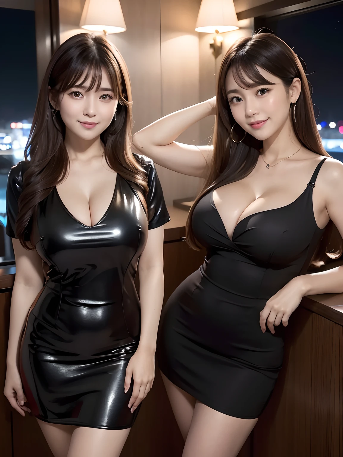 (4 k、top-quality)、(realisitic、Photorealsitic)、(Yakian)、
2girls、fullllbody、(Facing backwards)、
perfect hand、up looking_で_the viewer、
whiteshirt、
Outside the room、natta、A luxury hotel lounge with a starry sky at night、finerly detailed face、Slightly chubby、The best smile、Light brown long curled hair,(huge-breasted, cleavage:1.2),(Black chic dress:1.3), (Cameltoe),35 year old、Nogizaka Idol、actress、Korean Idol、hposing Gravure Idol,place one's arms behind one's back,raise both arm,(Aside)