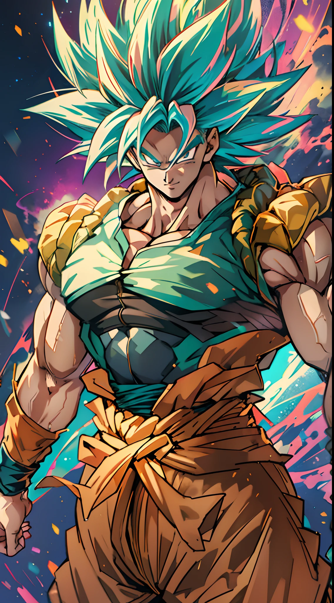 quadratic element,style of shonen anime artwork, fusion between goku and broly ,The proportions are correct,Face details,highly detailed eyes,hairstyle,Neck details,clothes details,getting ready to fight,short sleeves,Game quality,Light and shadow tracking,Ray traching,detailed glow,cg render,hair detail,Handsome,Handsome,（juvenile sense）,Clothing is complicated, Perfectcomposition,Refinement,high qulity,higher details,Lots of details, cosmos in the background, The background is complex, a sense of atmosphere, happy looking, ((anime))((colorful)), 8k, ((masterpiece)), HDR, highly detailed, vaines poping out, professiona,cloudstick,goku,super saiyan, full body artwork, on a planet, (teal hair:1.2), long hair