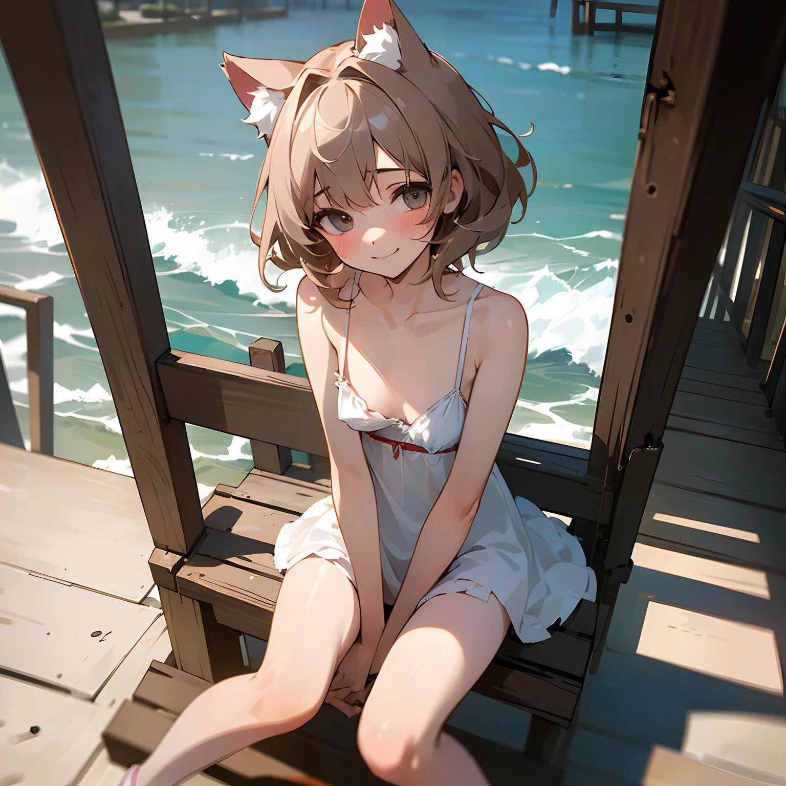 ((Masterpiece)),(Professional Photography:1.2), 8K, cinematic lighting, very messy medium hair, Cute teenage Beautiful girl, (sit on the handrail on jetty, spread my legs), beautiful white coast, (exposed small breast), badly ragged and torn dirty white-babydoll, very blush, smile face (Slender small breasts), Textured skin, cat ears, Pale brown hair, slum