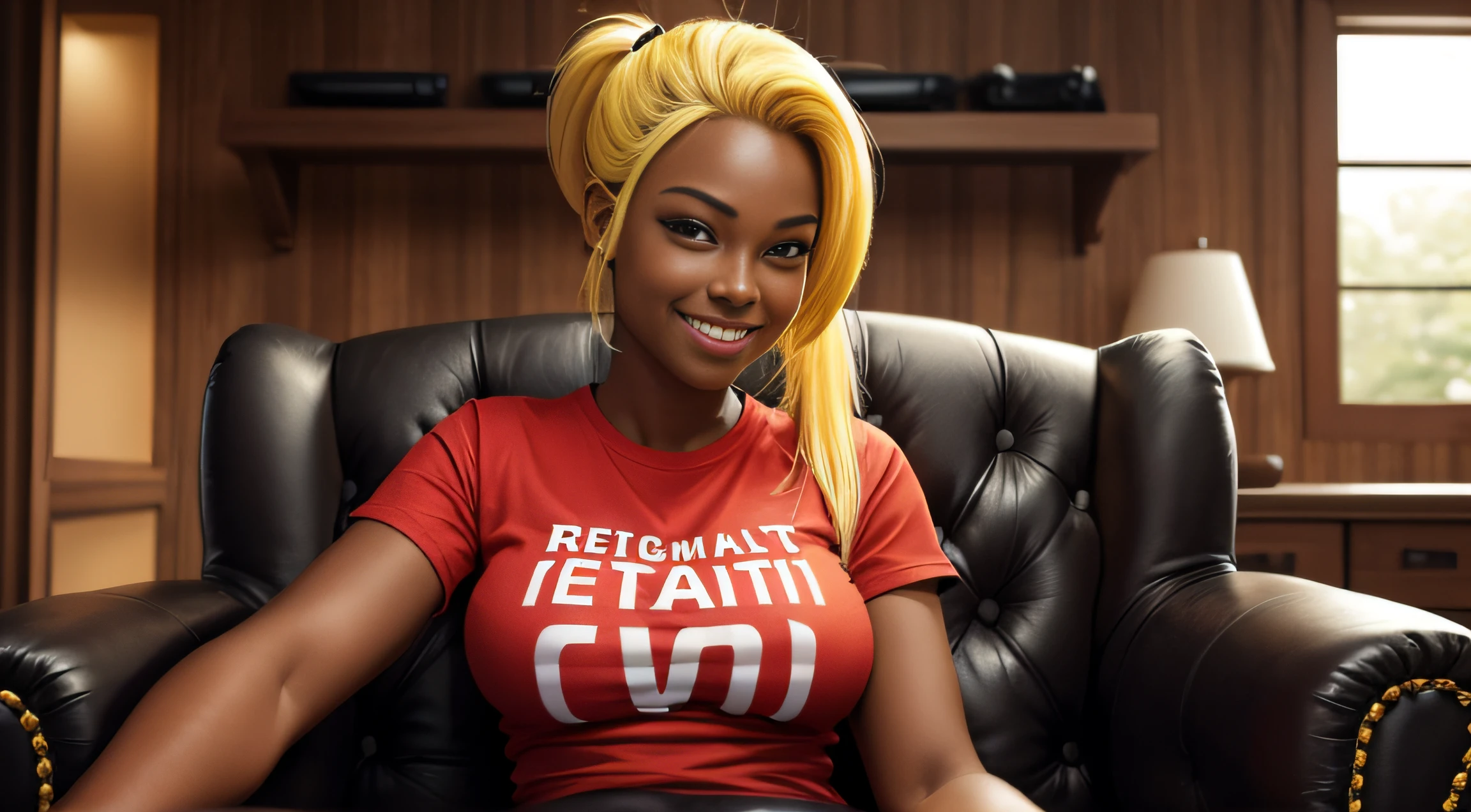 very huge breasts, dark skin, yellow hair, ponytail hair, Happy smile, realistic and detailed hands, realistic and detailed face, realistic and detailed tooth, realistic and detailed foots, realistic and detailed face, full body image, red t-shirt, black jeans, boots, aviator sunglasses, park, sitting on a armchair.