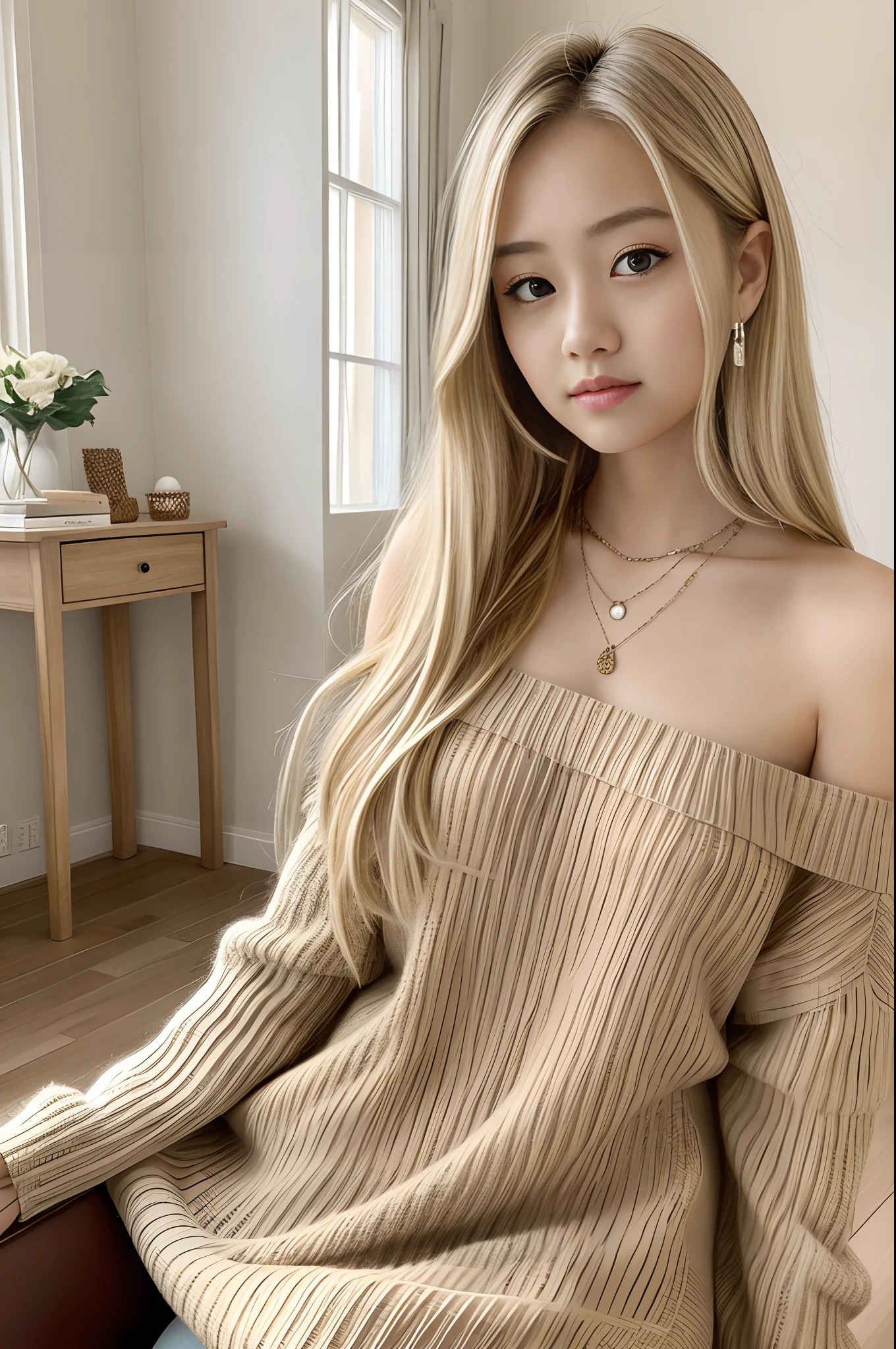 1 girl in, 19, yui, The long-haired, Colossal, Look at the viewer, blonde  hair, Cute Dresses, brown-eyed, jewely, full bodyesbian, a necklace, off shoulders, Sweaters, realisitic, True beauty