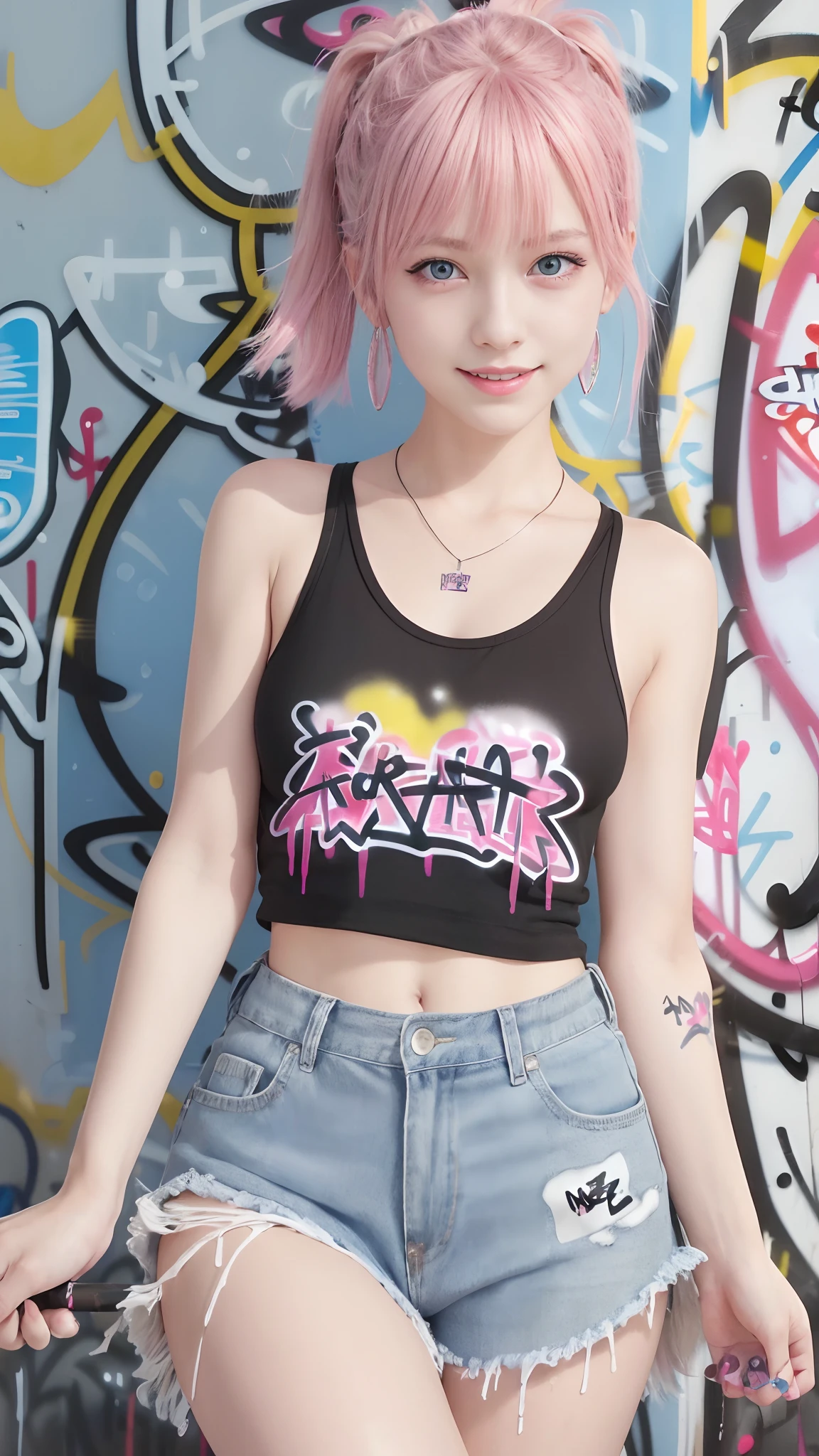 (ultra-detailliert), Black Psychedelic Shirt、Blue eyes,The upper part of the body、a closeup、18year old、faces、(A smile:1.5),(facing front:1.2),(masutepiece:1.3, Best Quality, Photorealistic, Ultra-detailed, Finely detailed, High resolution, 8K Wallpaper), 1 beautiful girl, Beautiful face, Detailed face, Beautiful eyes, Detailed eyes, Looks fun、Smiling, earrings, Necklace, Only 1 person,Pink Hair Medium Hair, (Pink hair), Ear Hair, small tits, Single braid, (Single braid), (Side braid),on a stage, Spotlight, small tits、Denim shorts, Choker, (Graffiti:1.5), Paint Splatter, arms behind back, Against Wall, Looking at Viewer, arm band, Thigh strap, paint on body,