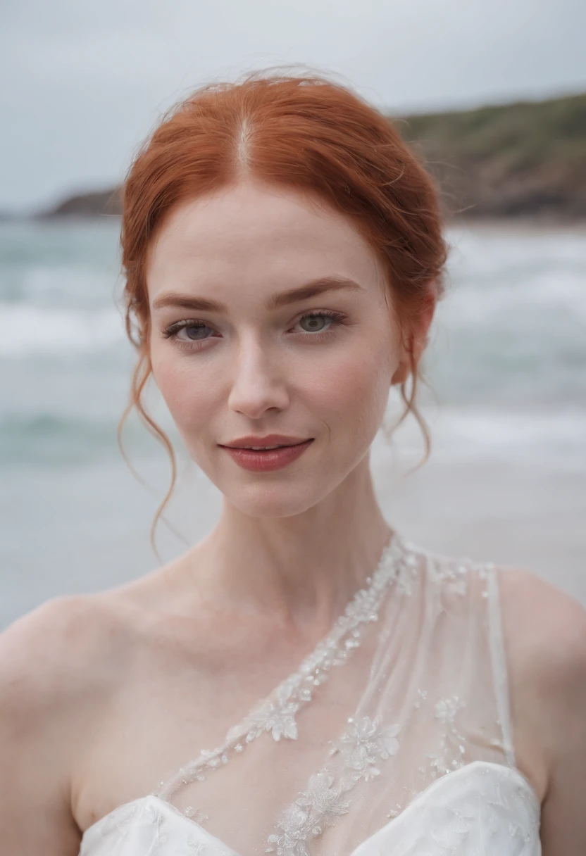 A red-haired woman in a wet and transparent white dress coming out of the ocean, elle regarde la camera, beste-Qualit, sourire,rire ,Face detail,Mouth detail